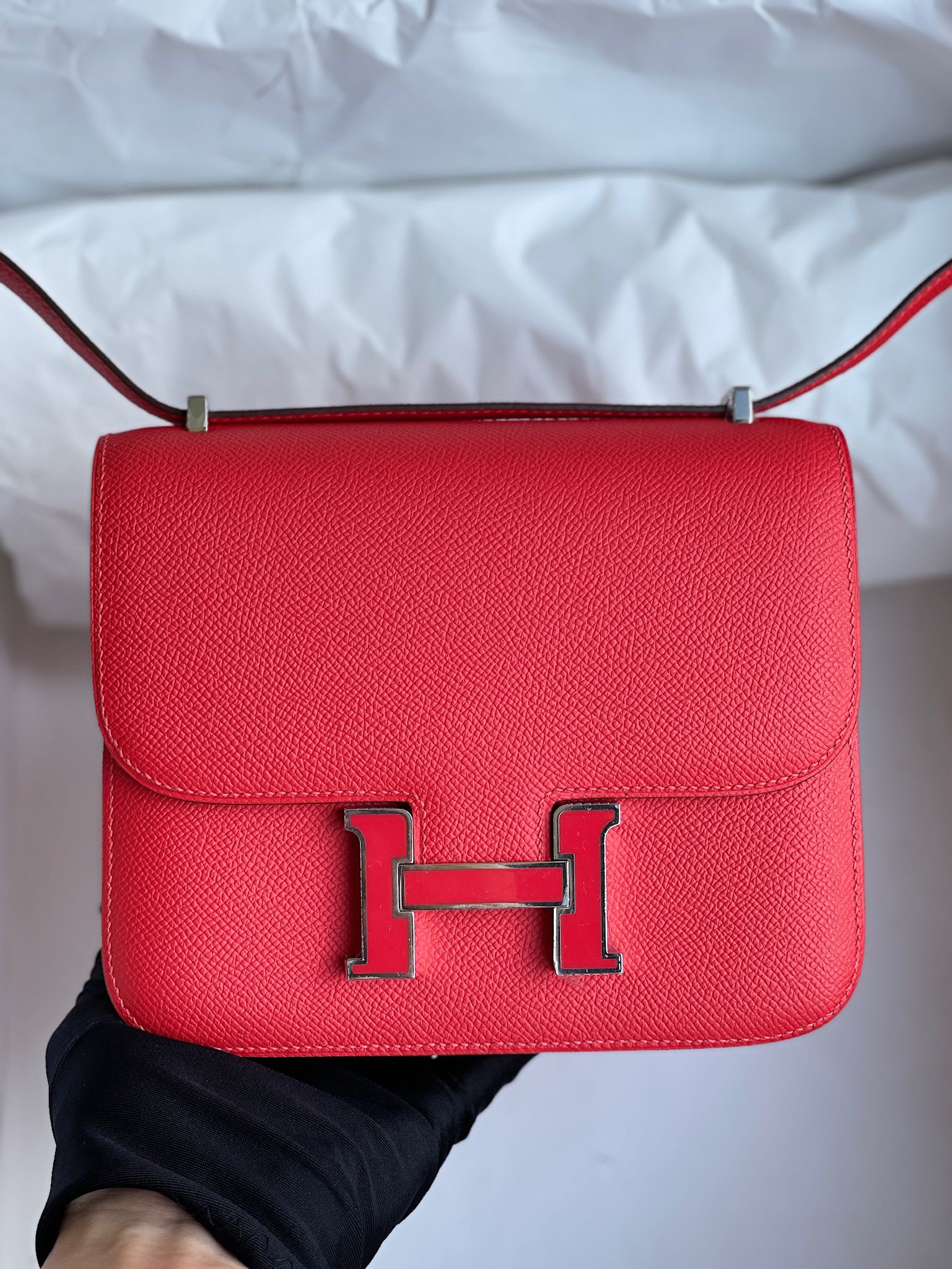 Hermès（爱马仕）Constance 康斯坦斯 Epsom 原厂掌纹皮 心红色 拼 珐琅扣 18cm 顶级手缝 定制