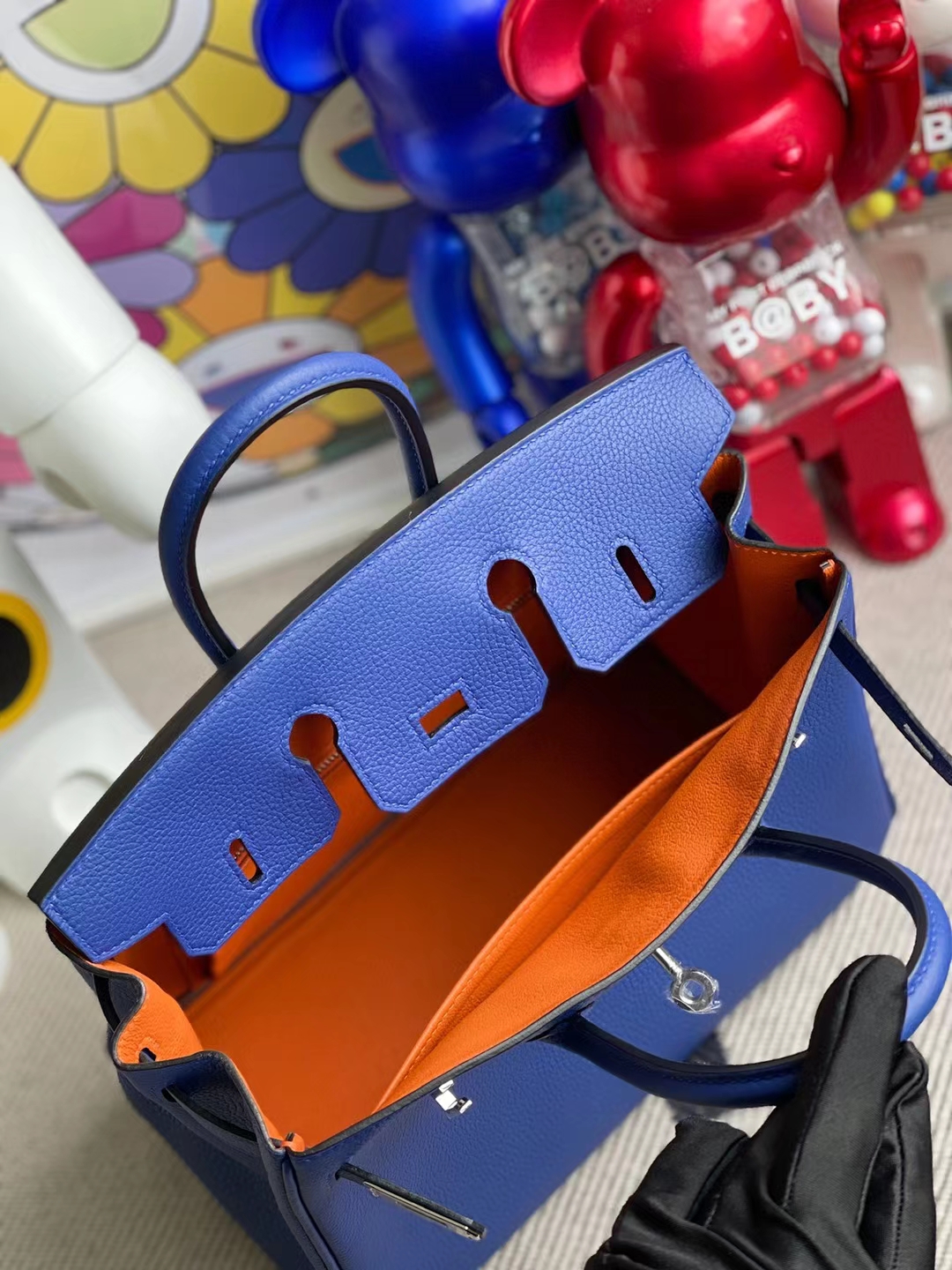 Hermès（爱马仕）Birkin 铂金包 togo 7T 电光蓝内拼橙色 银扣 25cm