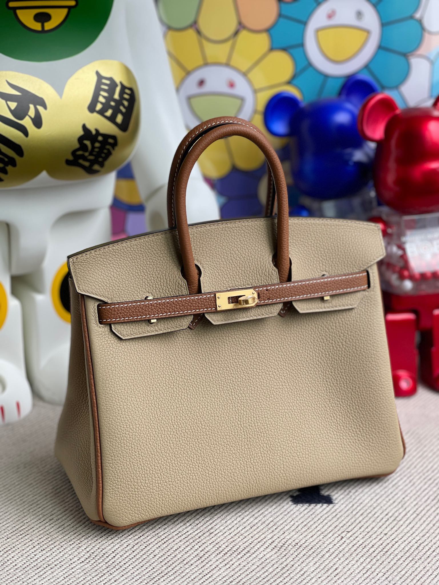 Hermès（爱马仕）Birkin 铂金包 原厂小牛皮 togo S2 风衣灰 拼 金棕 金扣 马蹄印 25cm 顶级手缝