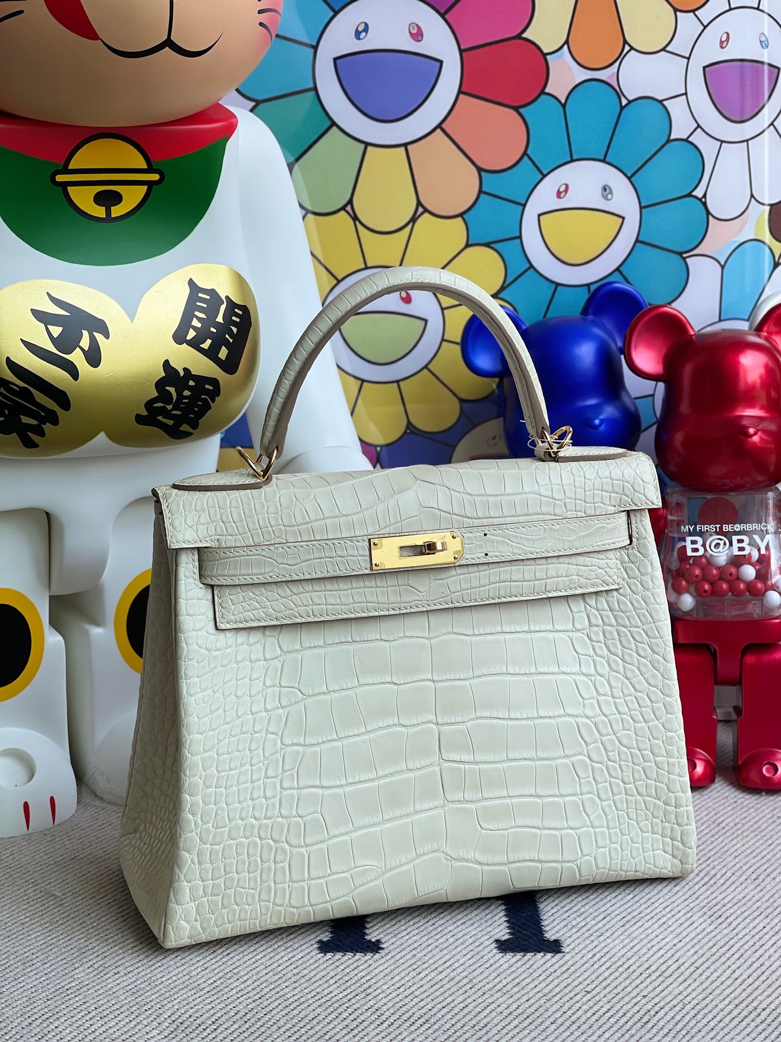 Hermès（爱马仕）Kelly 凯莉包 Alligator matt 雾面鳄鱼 8L 奶油白 Boton 金扣 28cm 顶级手缝