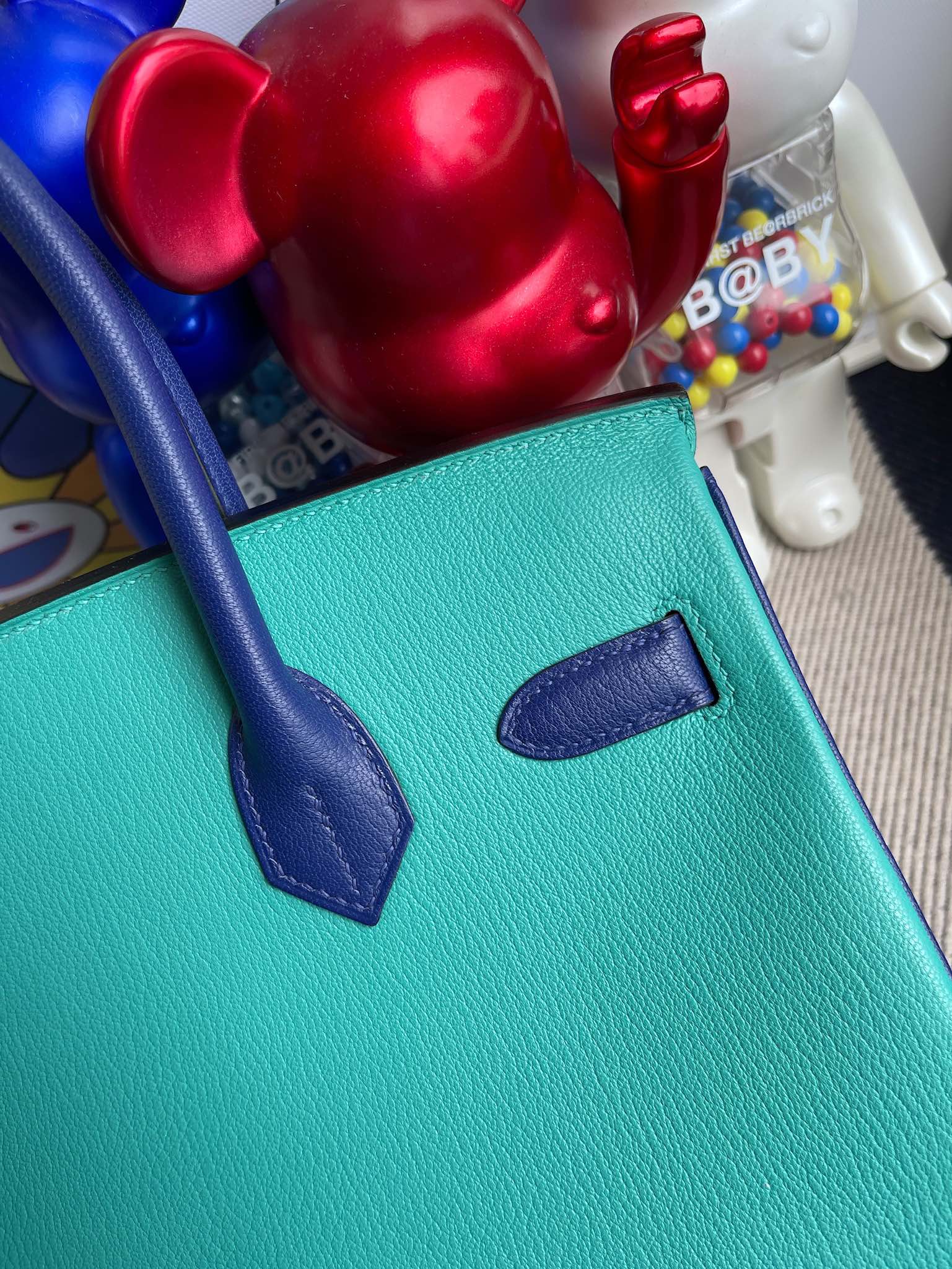 Hermès（爱马仕）Birkin 铂金包 Chevre 山羊皮 孔雀蓝 拼 电光蓝 金扣 30cm 顶级手缝