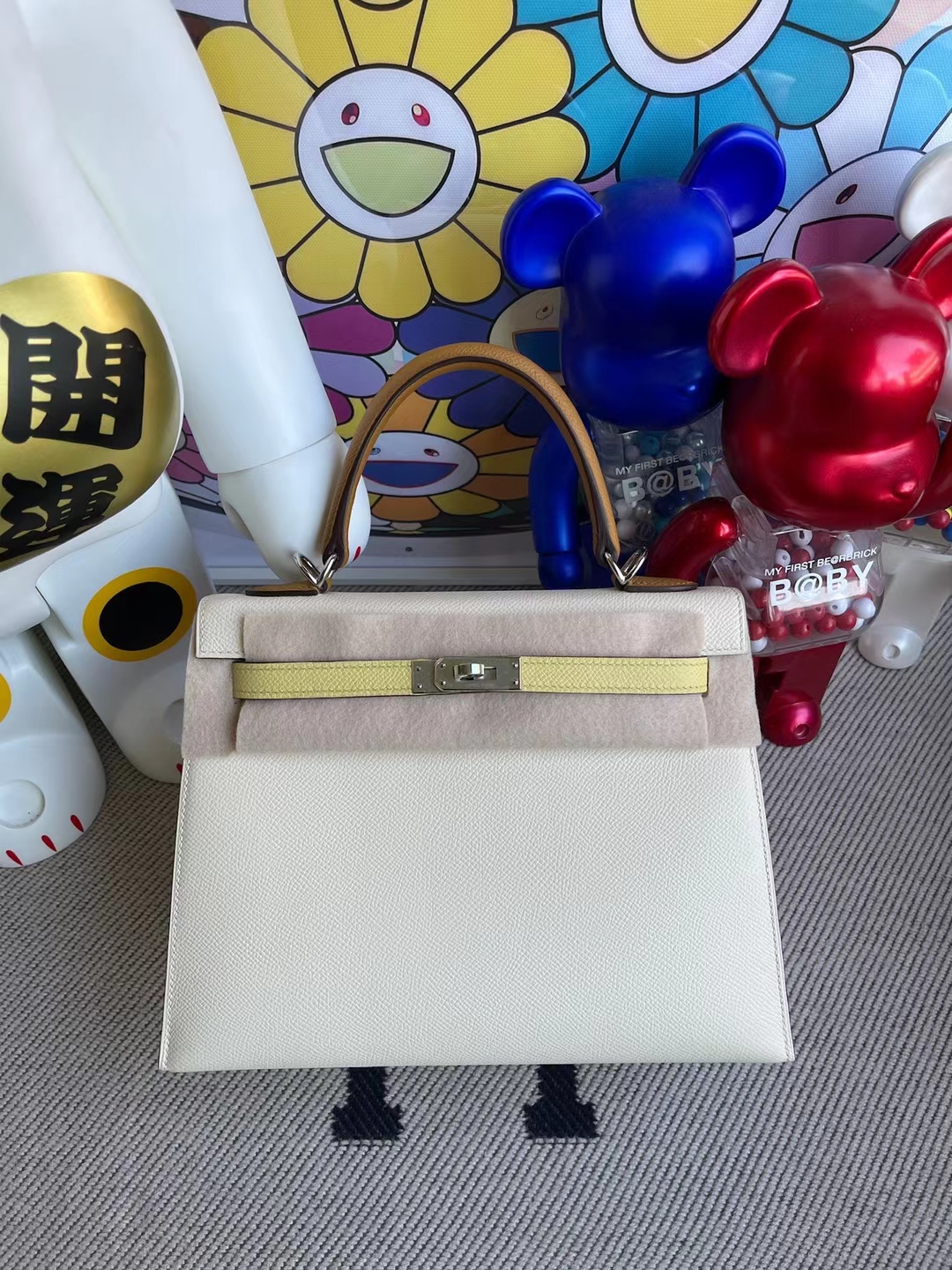 Hermès（爱马仕）Kelly 凯莉包 epsom i2 奶油白 拼 1z 小鸡黄 拼 2s 芝麻色 银扣 25cm 顶级工艺 全手工缝制