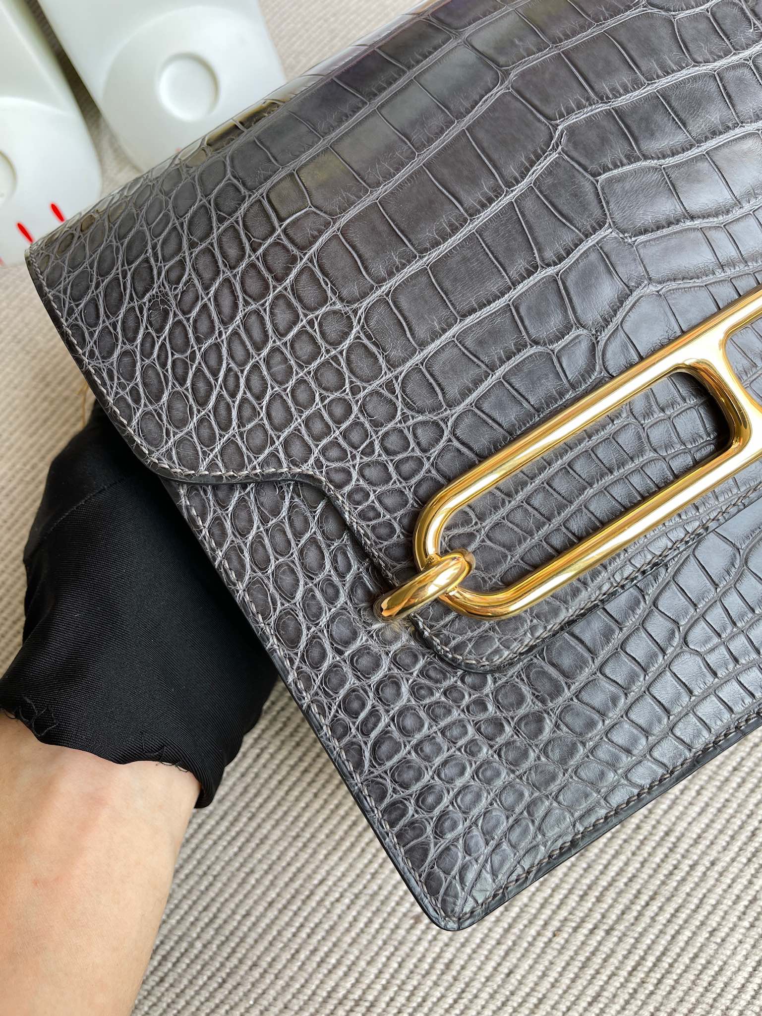 Hermès（爱马仕）Roulis 猪鼻子 alligator matt 雾面鳄鱼 ck88 石墨灰 graphite 金扣 24cm 顶级手缝
