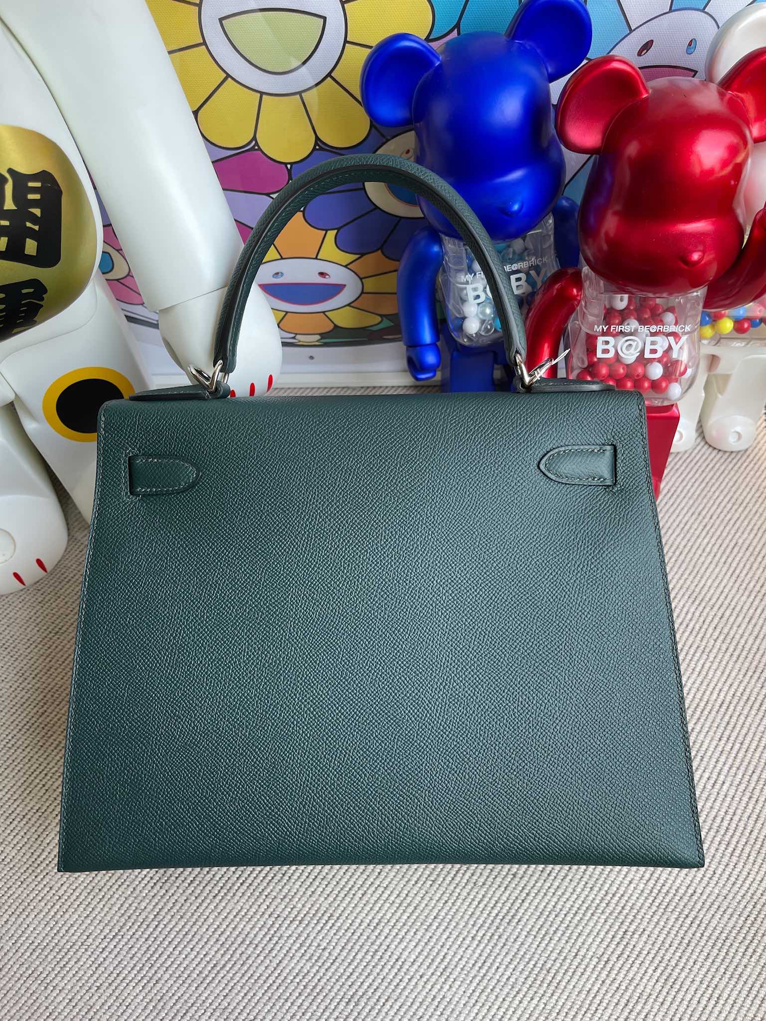 Hermès（爱马仕）Kelly 凯莉包 Epsom 字母包H 柏树绿 银扣 28cm 顶级手缝