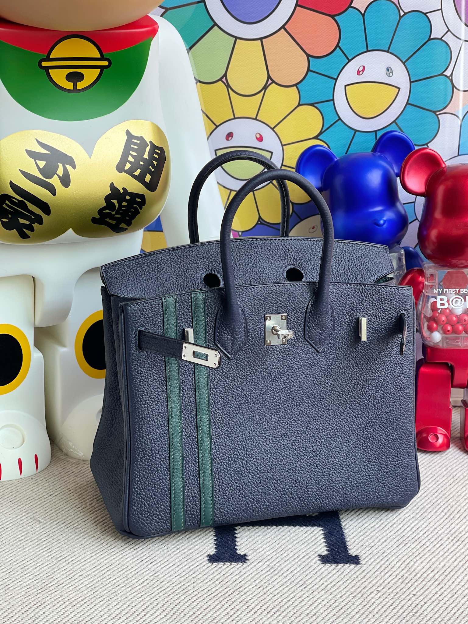 Hermès（爱马仕）Birkin 铂金包 原厂小牛皮 togo 午夜蓝拼双杠柏树绿 银扣 25cm 顶级手缝