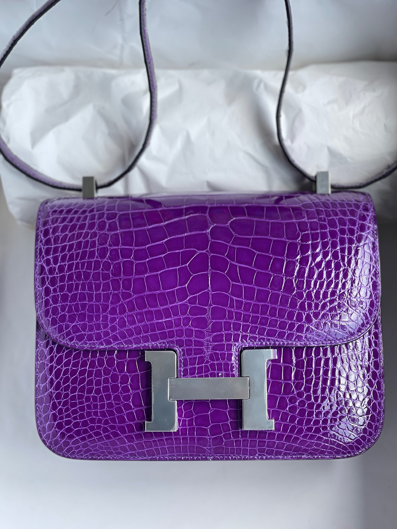 Hermès（爱马仕）Constance 康斯坦斯 Alligator shiny 亮面鳄鱼 极度紫 银扣 24cm 顶级手缝 定制