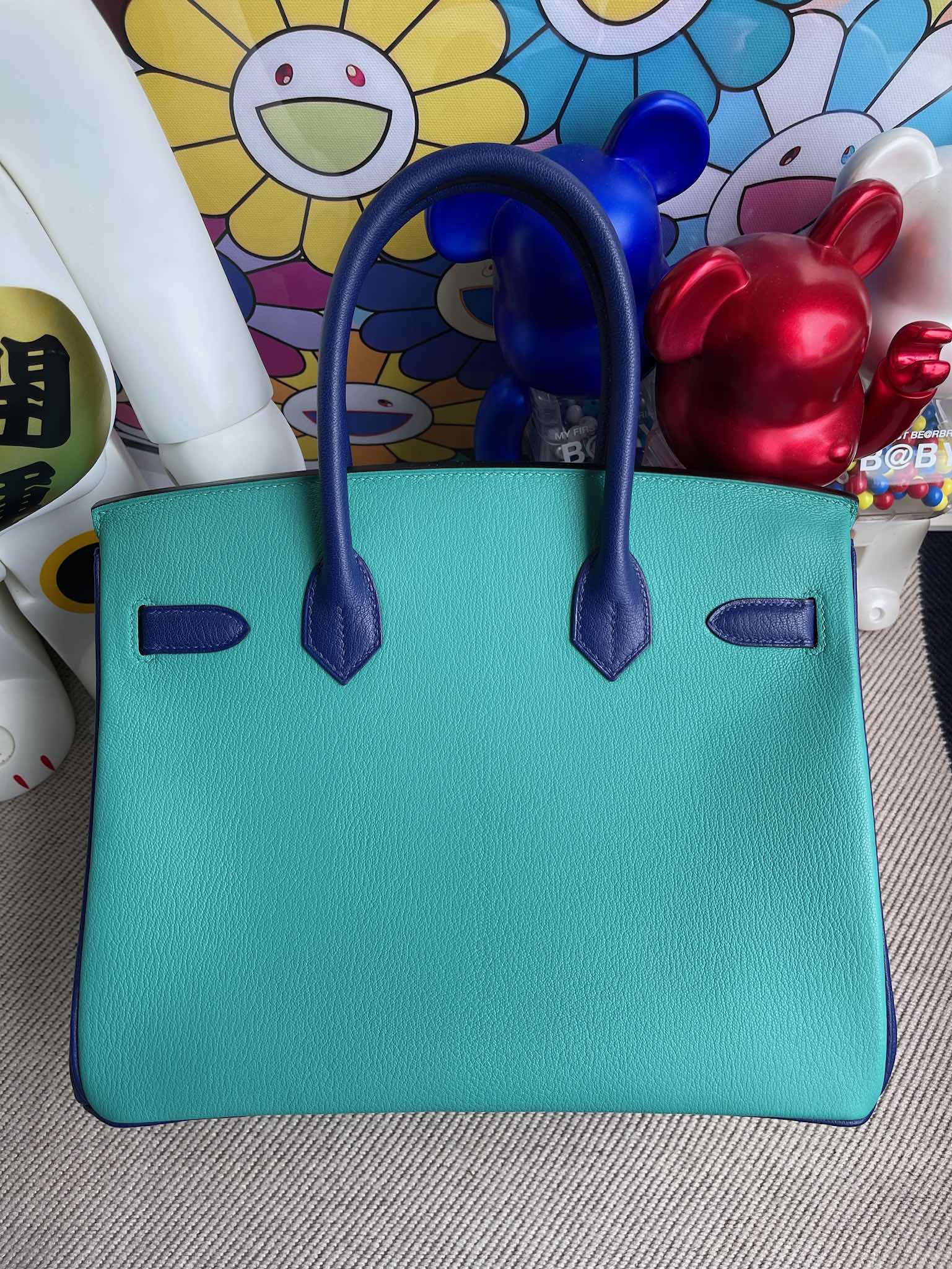 Hermès（爱马仕）Birkin 铂金包 Chevre 山羊皮 孔雀蓝 拼 电光蓝 金扣 30cm 顶级手缝