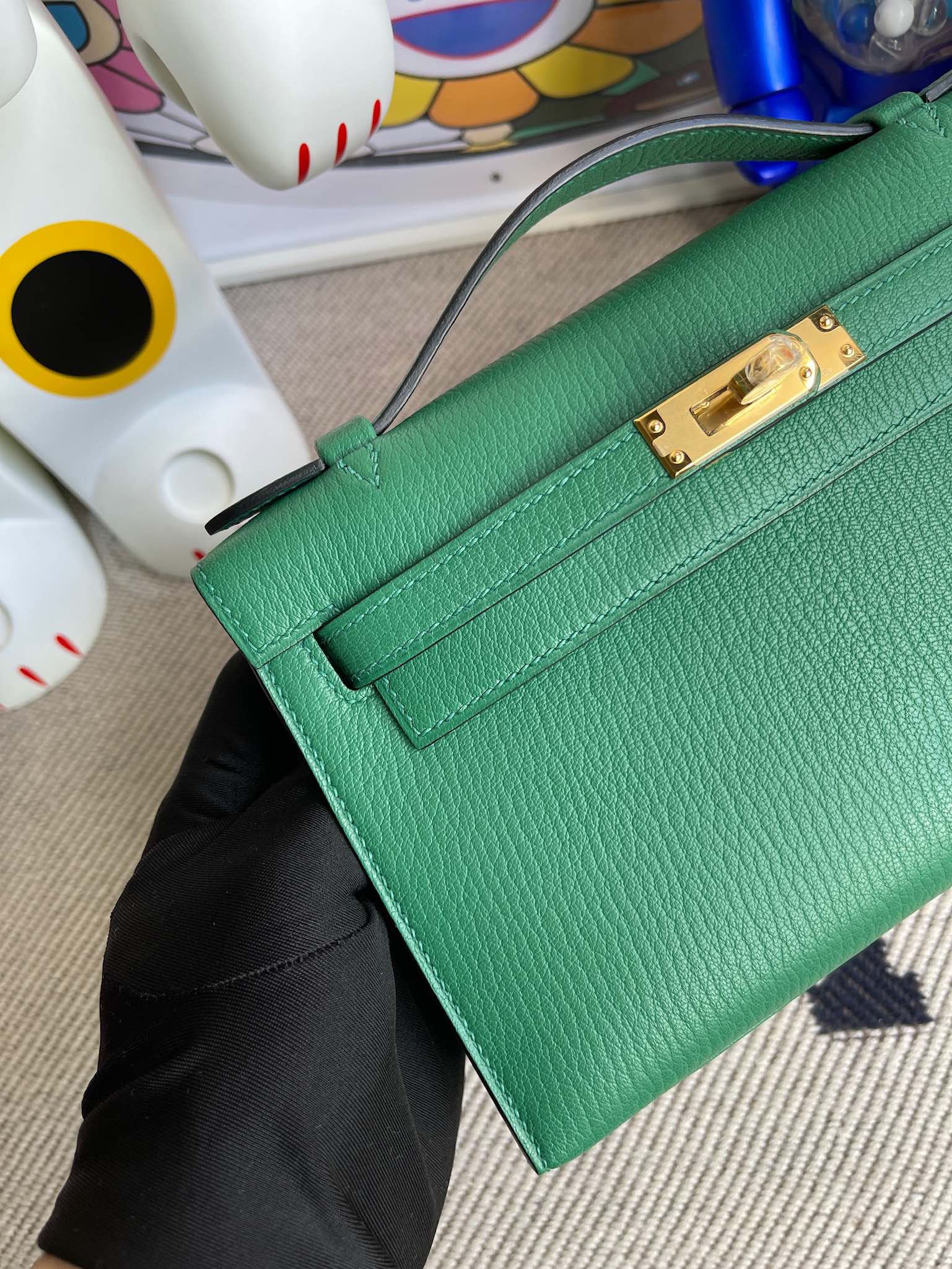 Hermès（爱马仕）Mini kelly pochette Chevre 山羊皮 U4 丝绒绿 vert verigo 金扣 22cm 顶级手缝