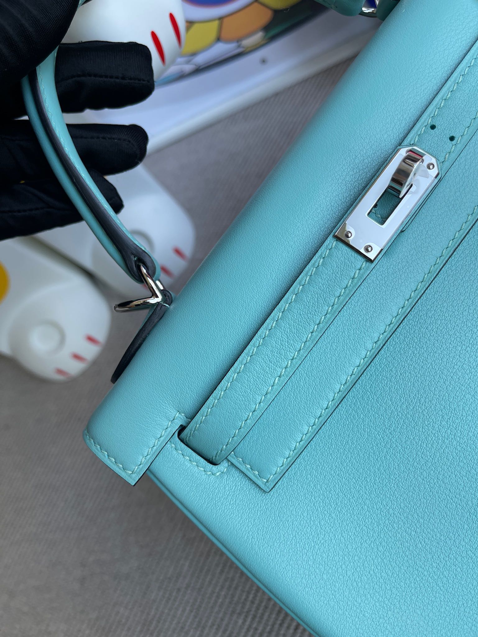 Hermès（爱马仕）Kelly 凯莉包 Swift 3p 马卡龙蓝 内拼 3Q粉 银扣 25cm 顶级手缝