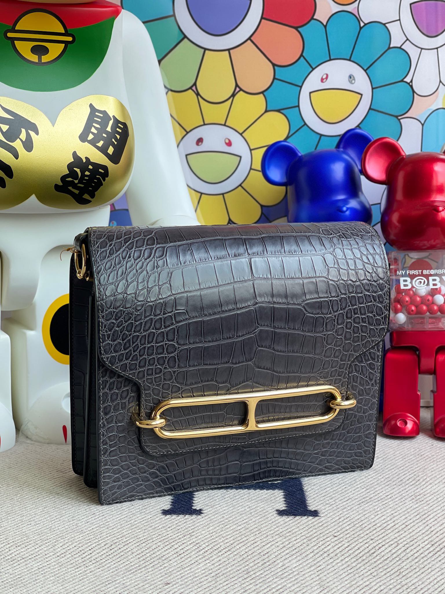 Hermès（爱马仕）Roulis 猪鼻子 alligator matt 雾面鳄鱼 ck88 石墨灰 graphite 金扣 24cm 顶级手缝