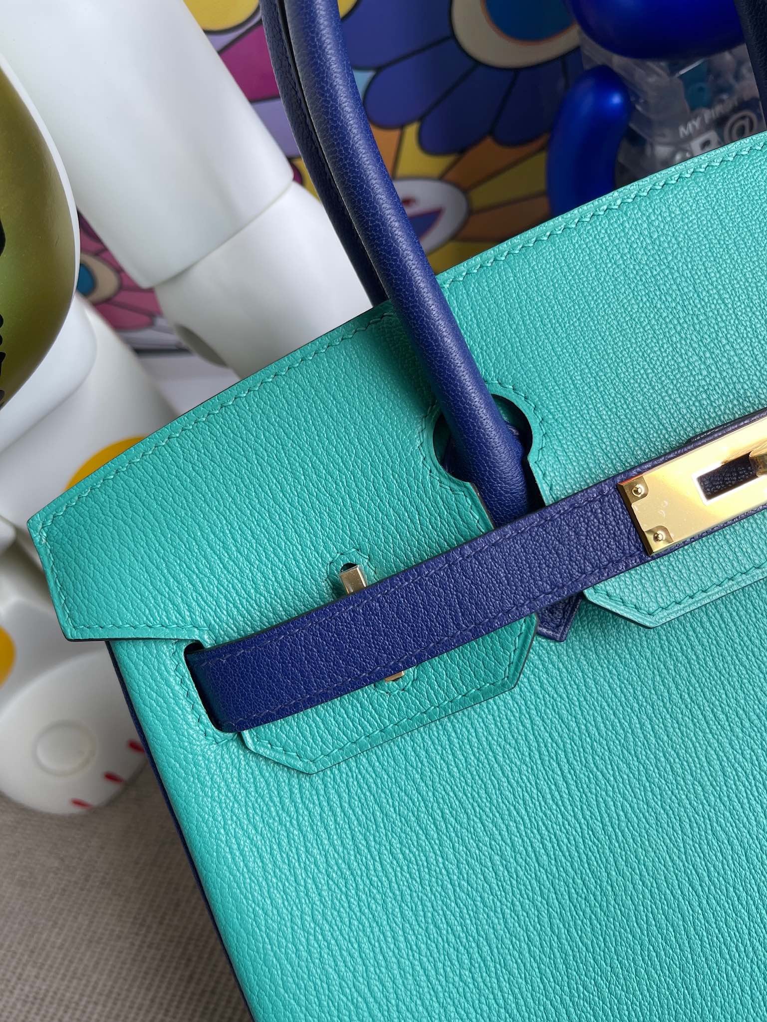 Hermès（爱马仕）Birkin 铂金包 Chevre 山羊皮 孔雀蓝 拼 电光蓝 金扣 30cm 顶级手缝