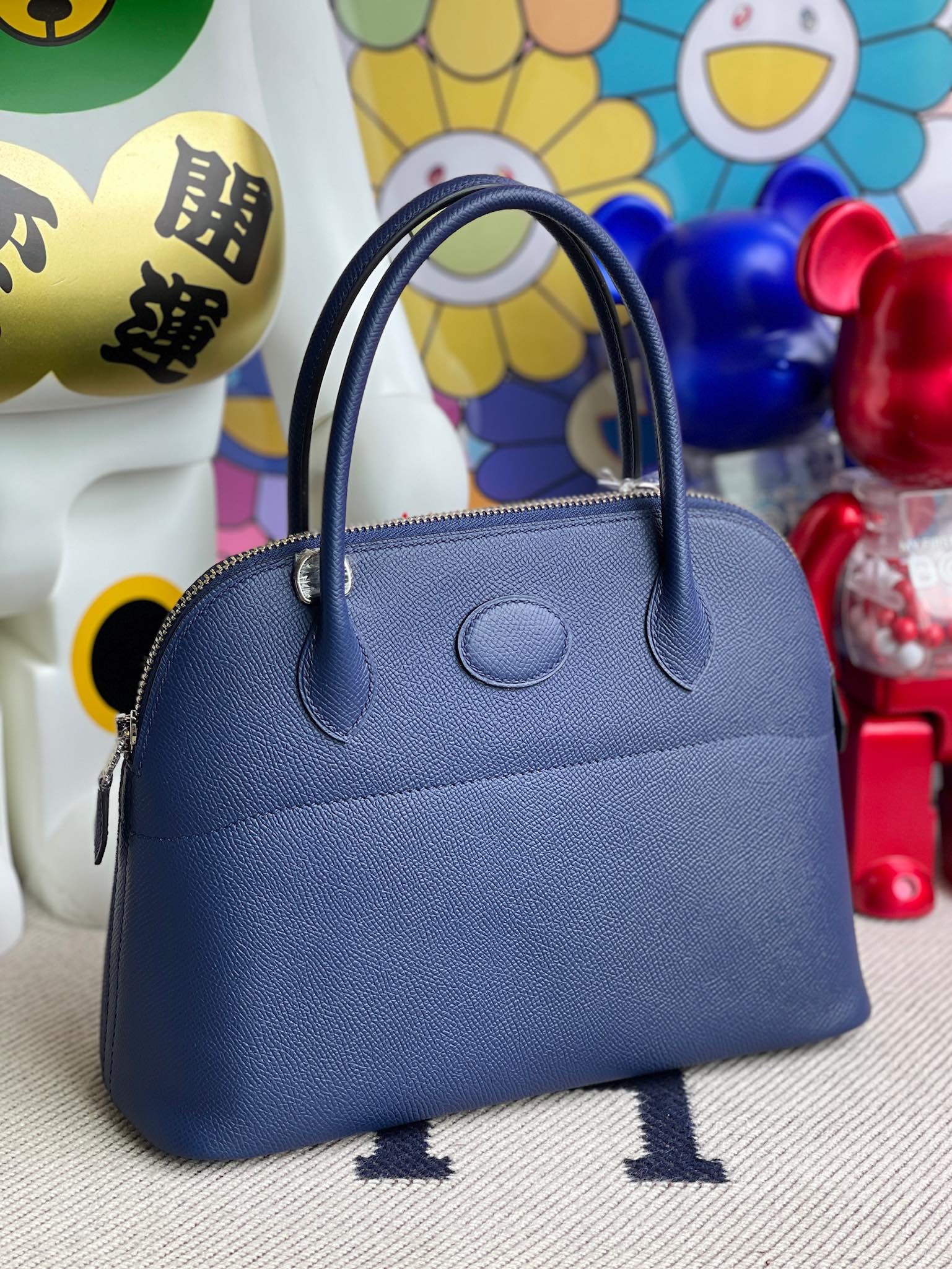 Hermès（爱马仕）Bolide 保龄球包 Epsom 原厂掌纹皮 宝石蓝 blue saphir 银扣 27cm 顶级手缝