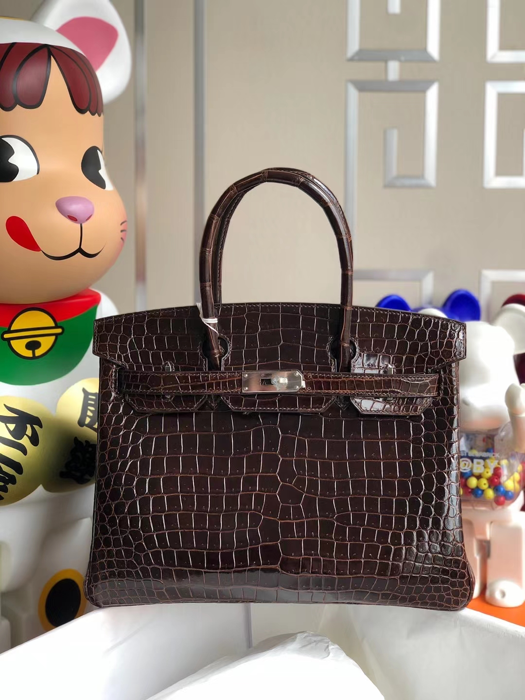 Hermès（爱马仕）Birkin 铂金包 亮面倒v澳洲湾鳄 Ck47 咖啡色 银扣 30cm shiny porosus crocodile