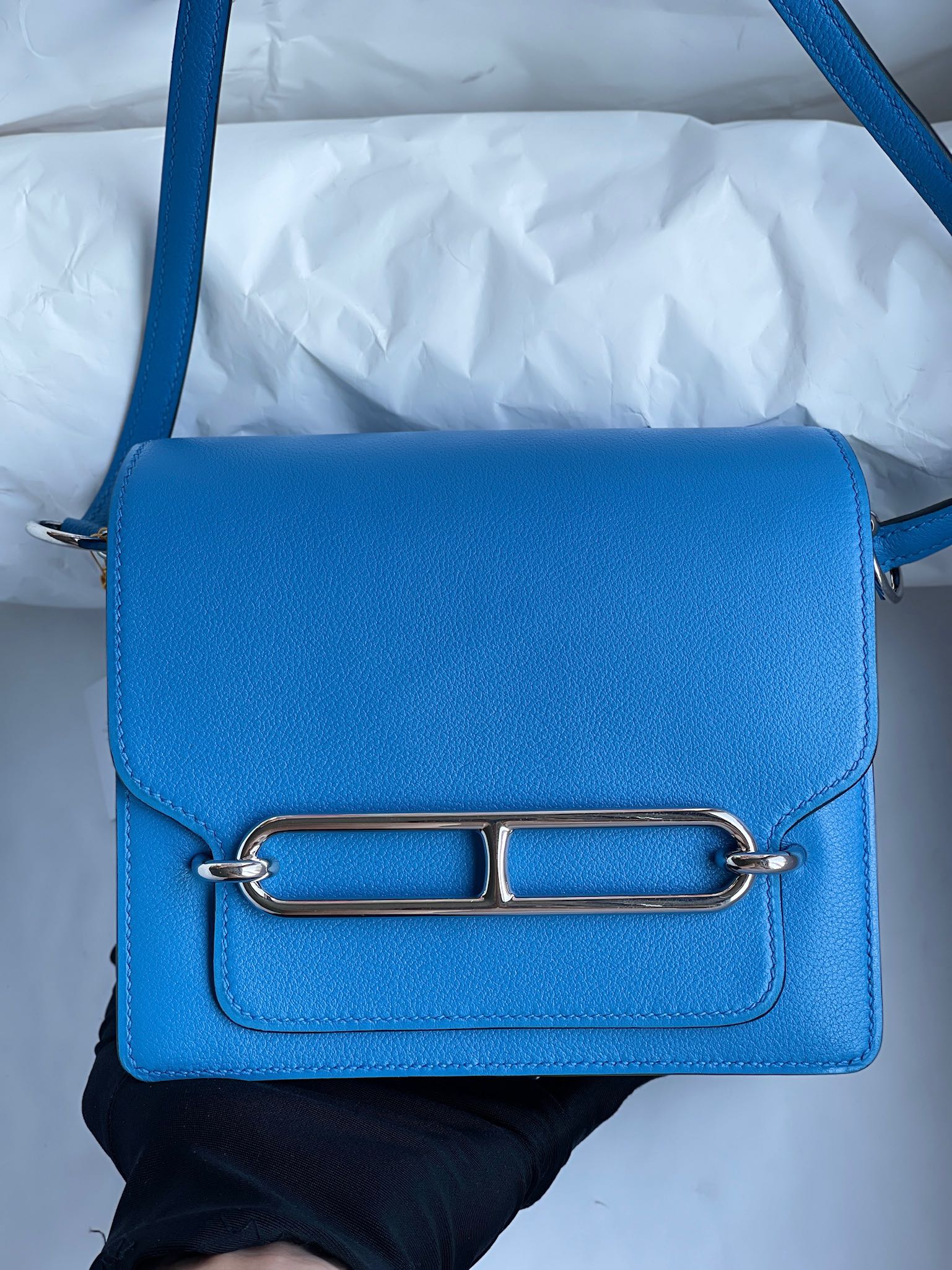 Hermès（爱马仕）Roulis 猪鼻子 evecolor 水妖蓝 内拼 心红色 银扣 18cm 顶级手缝