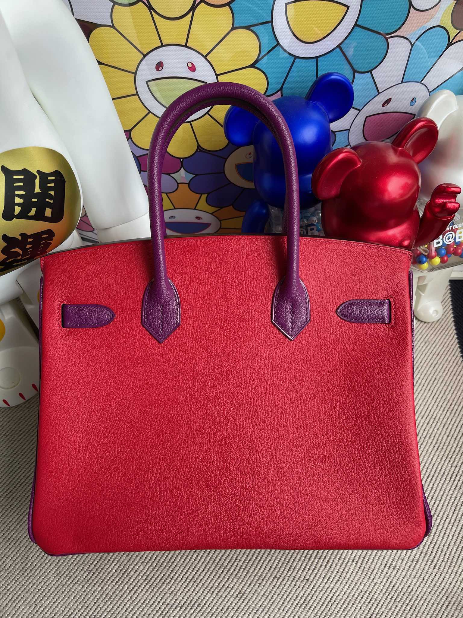 Hermès（爱马仕）Birkin 铂金包 Chevre 山羊皮 奶昔粉 拼 国旗红 拼 海葵紫 磨砂金扣 30cm 顶级手缝