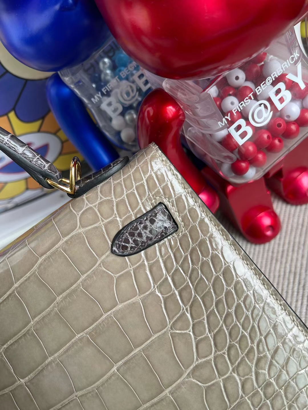 Hermès（爱马仕）Kelly 凯莉包 亮面美洲鳄 Ck81 斑鸠灰 拼 Ck88 石墨灰 金扣 马蹄印 shiny alligator 25cm