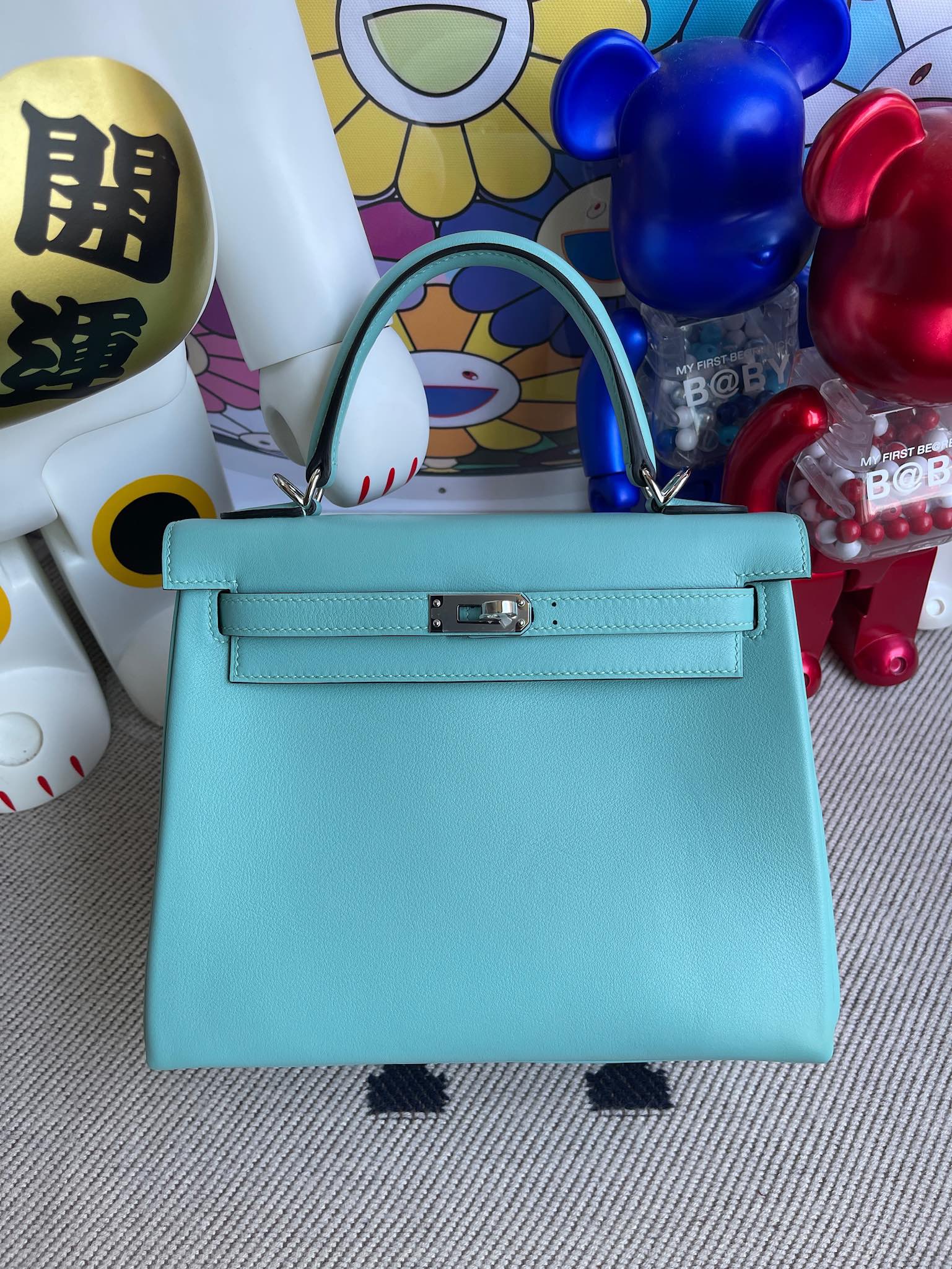 Hermès（爱马仕）Kelly 凯莉包 Swift 3p 马卡龙蓝 内拼 3Q粉 银扣 25cm 顶级手缝