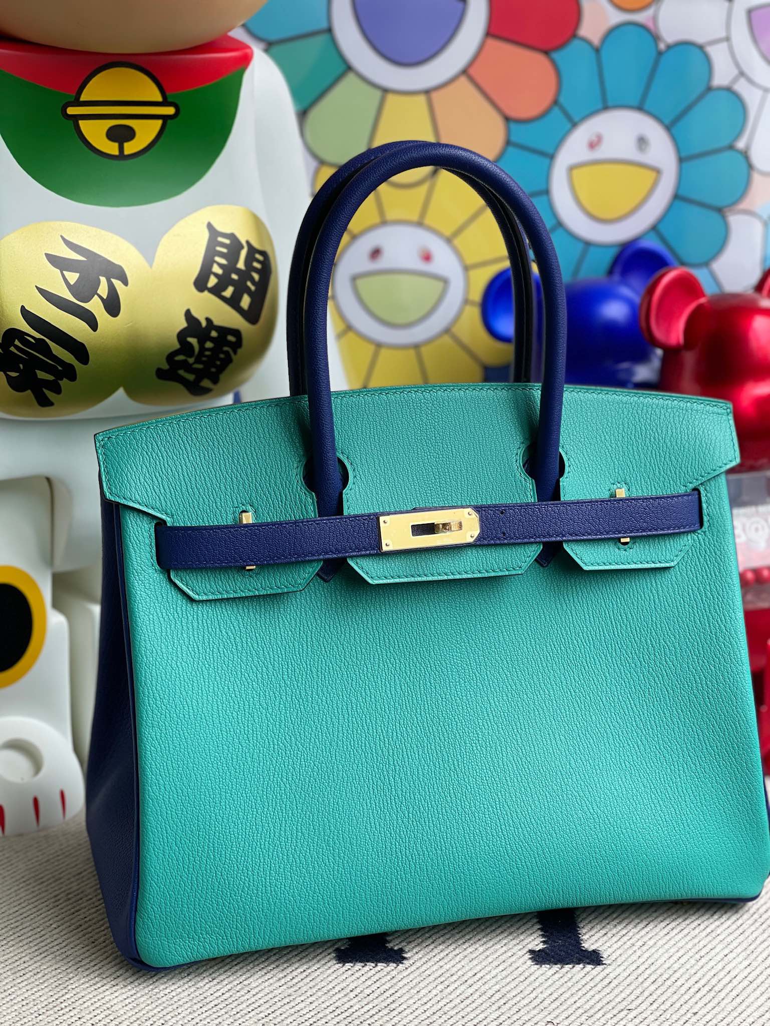 Hermès（爱马仕）Birkin 铂金包 Chevre 山羊皮 孔雀蓝 拼 电光蓝 金扣 30cm 顶级手缝