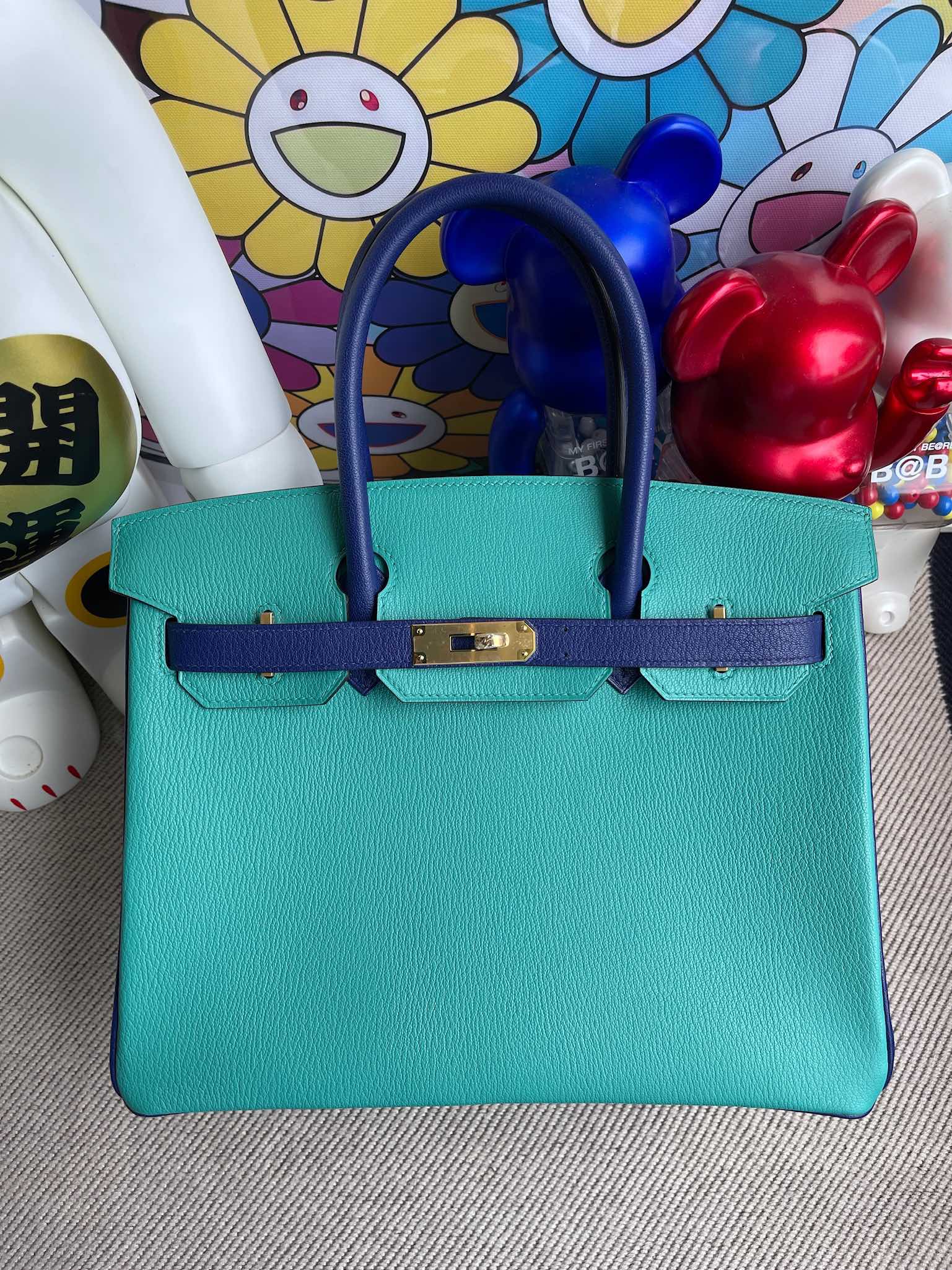 Hermès（爱马仕）Birkin 铂金包 Chevre 山羊皮 孔雀蓝 拼 电光蓝 金扣 30cm 顶级手缝