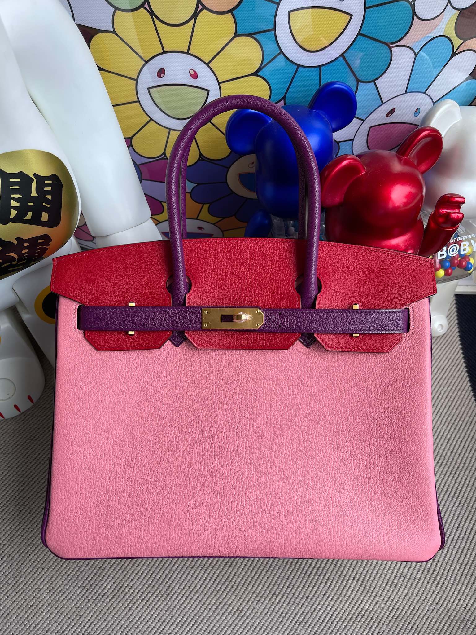 Hermès（爱马仕）Birkin 铂金包 Chevre 山羊皮 奶昔粉 拼 国旗红 拼 海葵紫 磨砂金扣 30cm 顶级手缝
