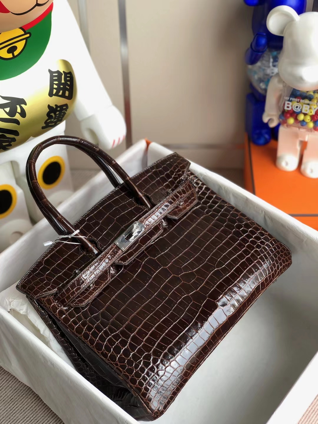 Hermès（爱马仕）Birkin 铂金包 亮面倒v澳洲湾鳄 Ck47 咖啡色 银扣 30cm shiny porosus crocodile