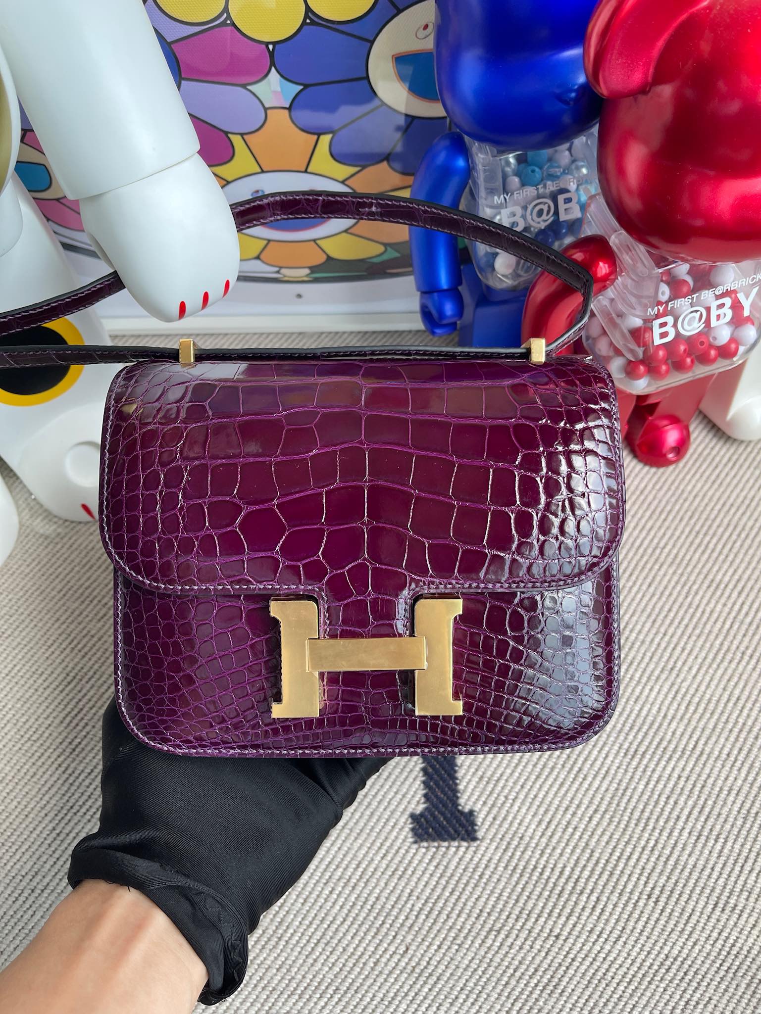 Hermès（爱马仕）Constance 康斯坦斯 Alligator shiny 亮面鳄鱼 玫瑰紫 金扣 18cm 顶级手缝 定制