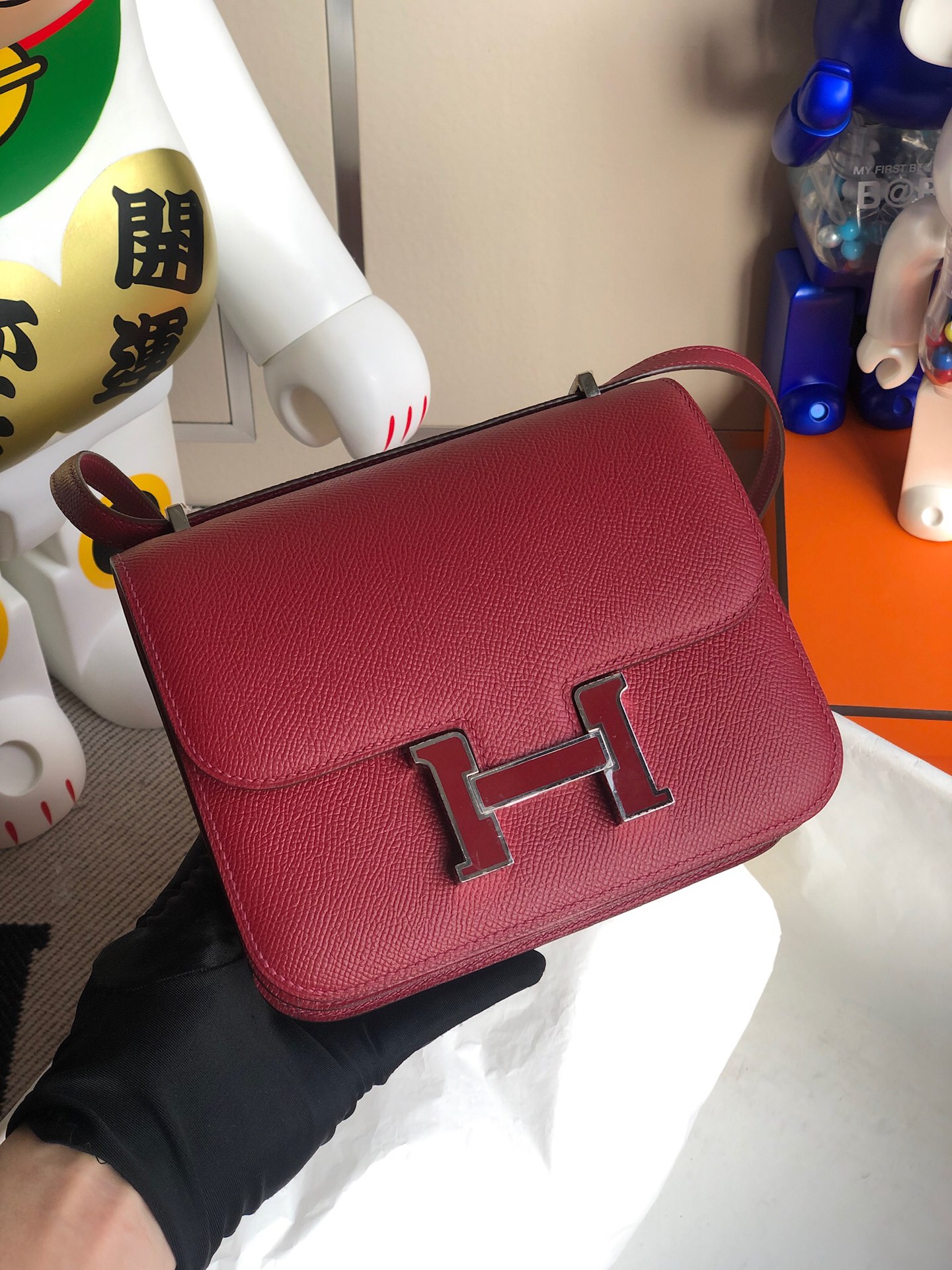 Hermès（爱马仕）Constance 康斯坦斯 Epsom 原厂掌纹皮 k1 石榴红 珐琅扣 银扣 18cm 顶级手缝
