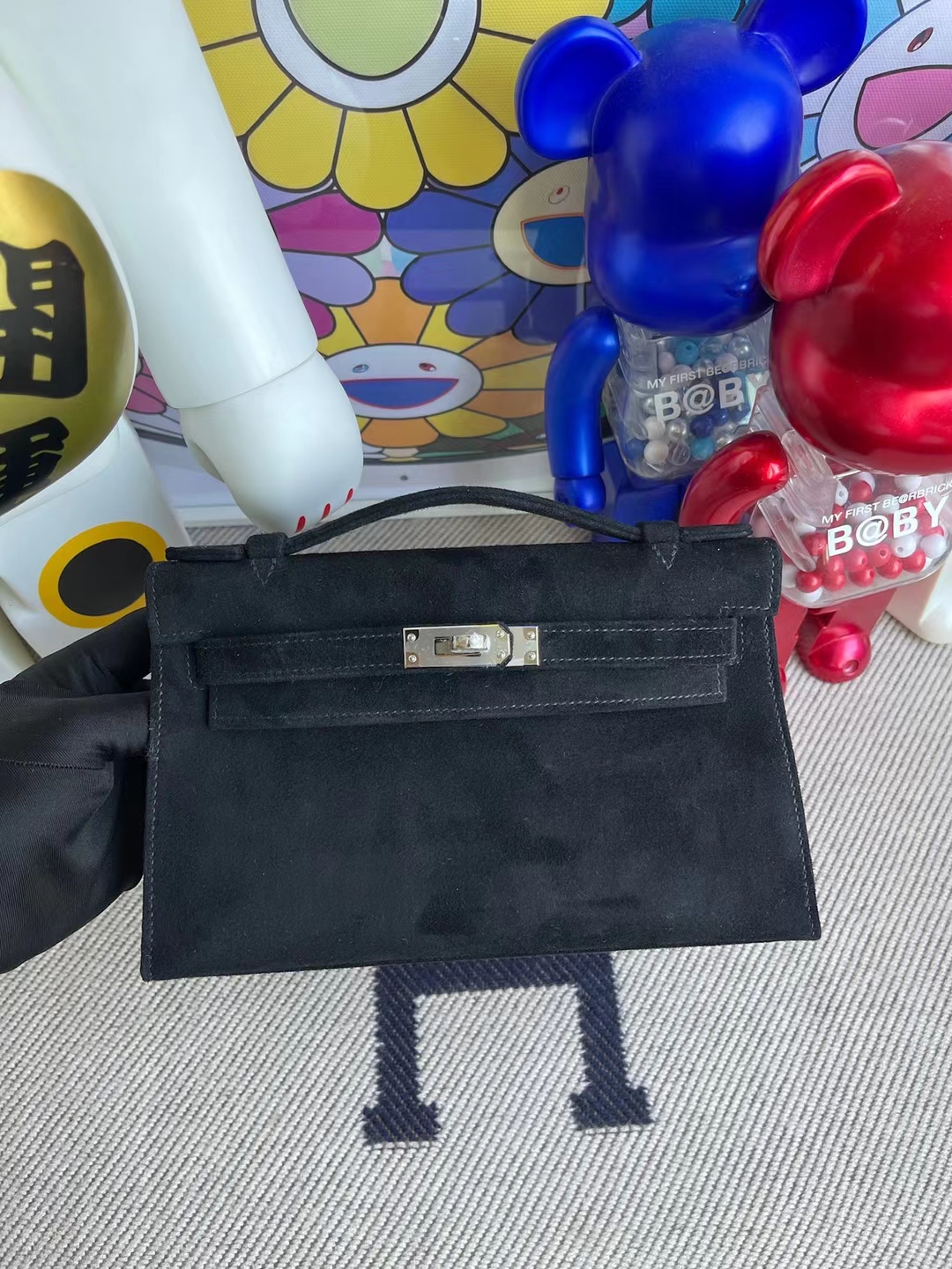 Hermès（爱马仕）Mini Kelly Pochette 麂皮 ck89 黑色 银扣 22cm 晚宴包 手拿包