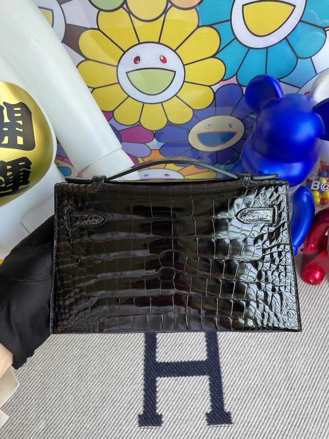 Hermès（爱马仕）MiniKelly Pochette Ck89 黑色 亮面美洲供珠鳄 Shiny Alligator 银扣 22cm