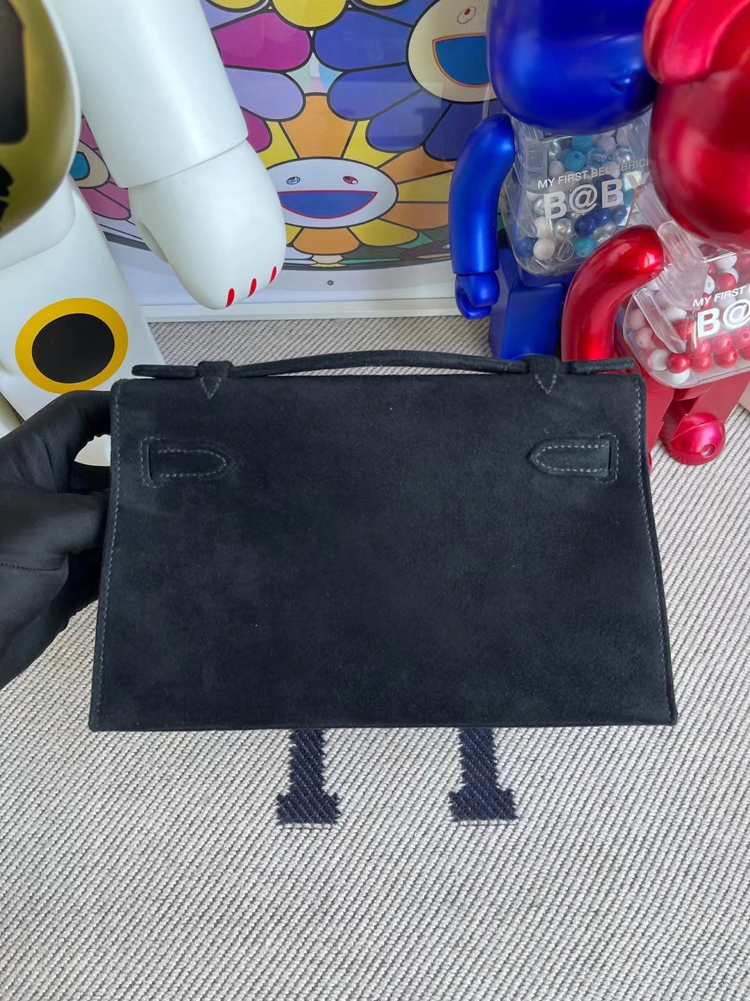 Hermès（爱马仕）Mini Kelly Pochette 麂皮 ck89 黑色 银扣 22cm 晚宴包 手拿包