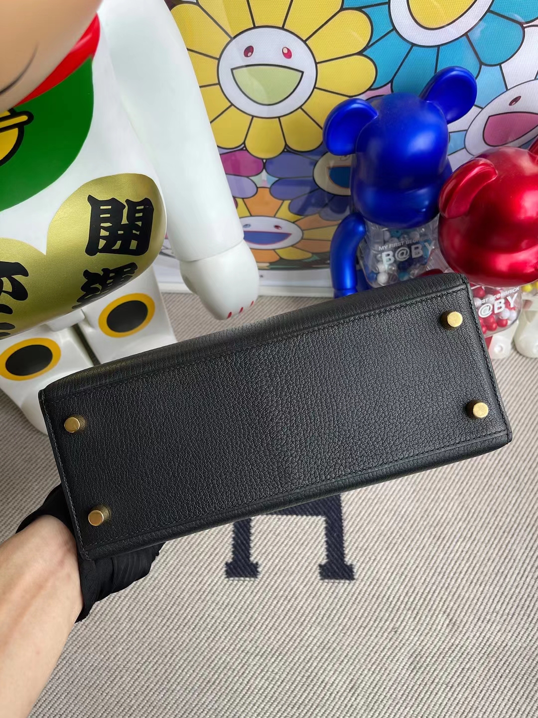 Hermès（爱马仕）Kelly 凯莉包 Chevre Ck89 黑色 内拼 i6 极致粉 拉丝金扣 25cm