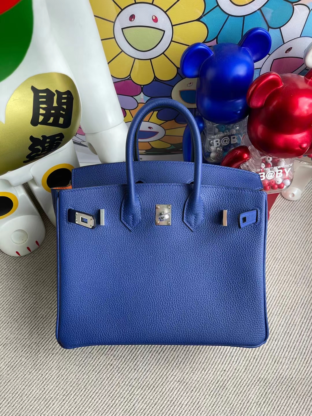 Hermès（爱马仕）Birkin 铂金包 togo 7T 电光蓝内拼橙色 银扣 25cm