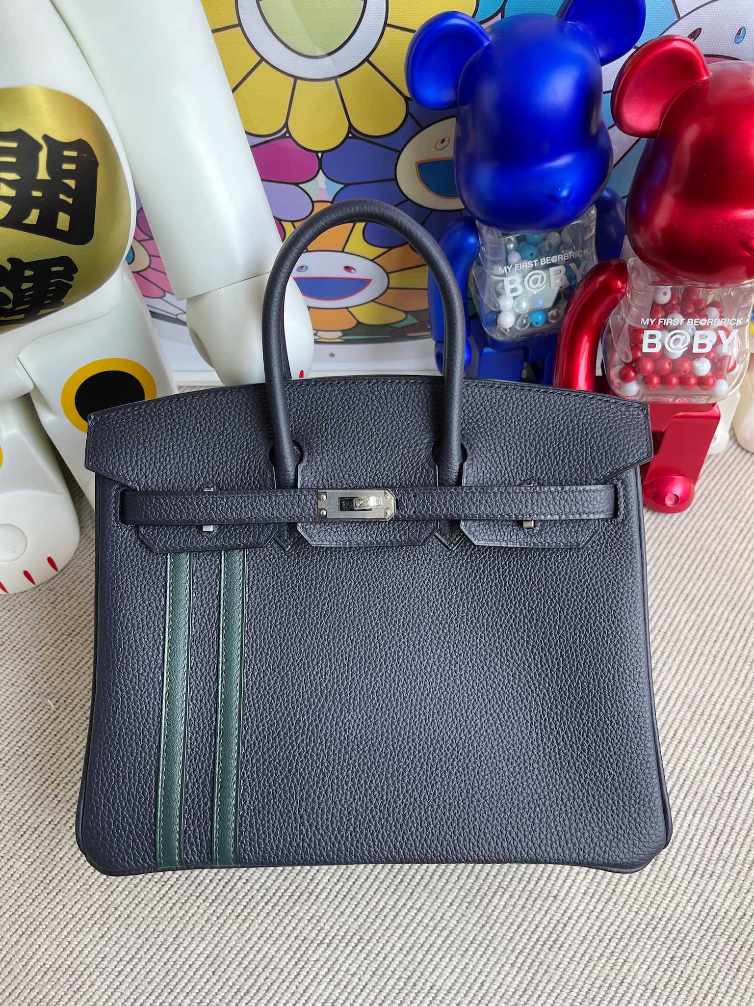 Hermès（爱马仕）Birkin 铂金包 原厂小牛皮 togo 午夜蓝拼双杠柏树绿 银扣 25cm 顶级手缝