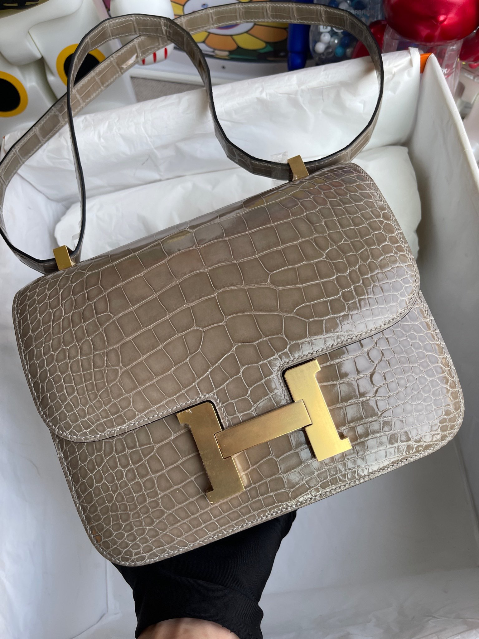 Hermès（爱马仕）Constance 康斯坦斯 Alligator shiny 亮面鳄鱼 ck81 斑鸠灰 金扣 24cm 顶级手缝