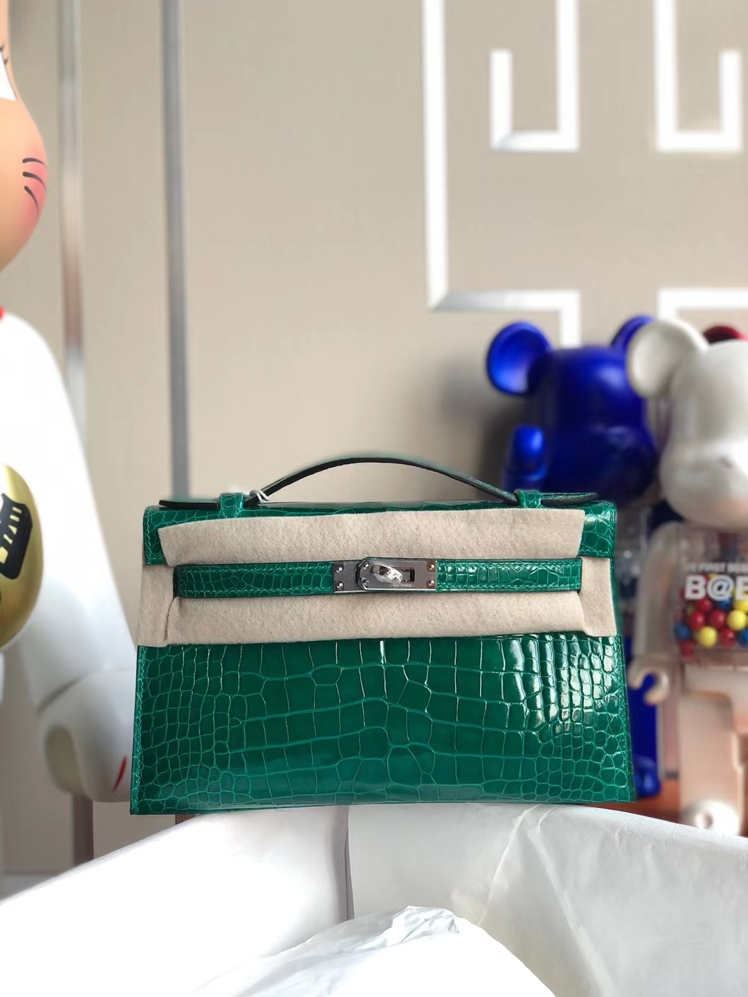 Hermès（爱马仕）MiniKelly Pochette 亮面方块鳄 6Q 翡翠绿 Shiny Alligator Crocodile Phw 银扣 22cm