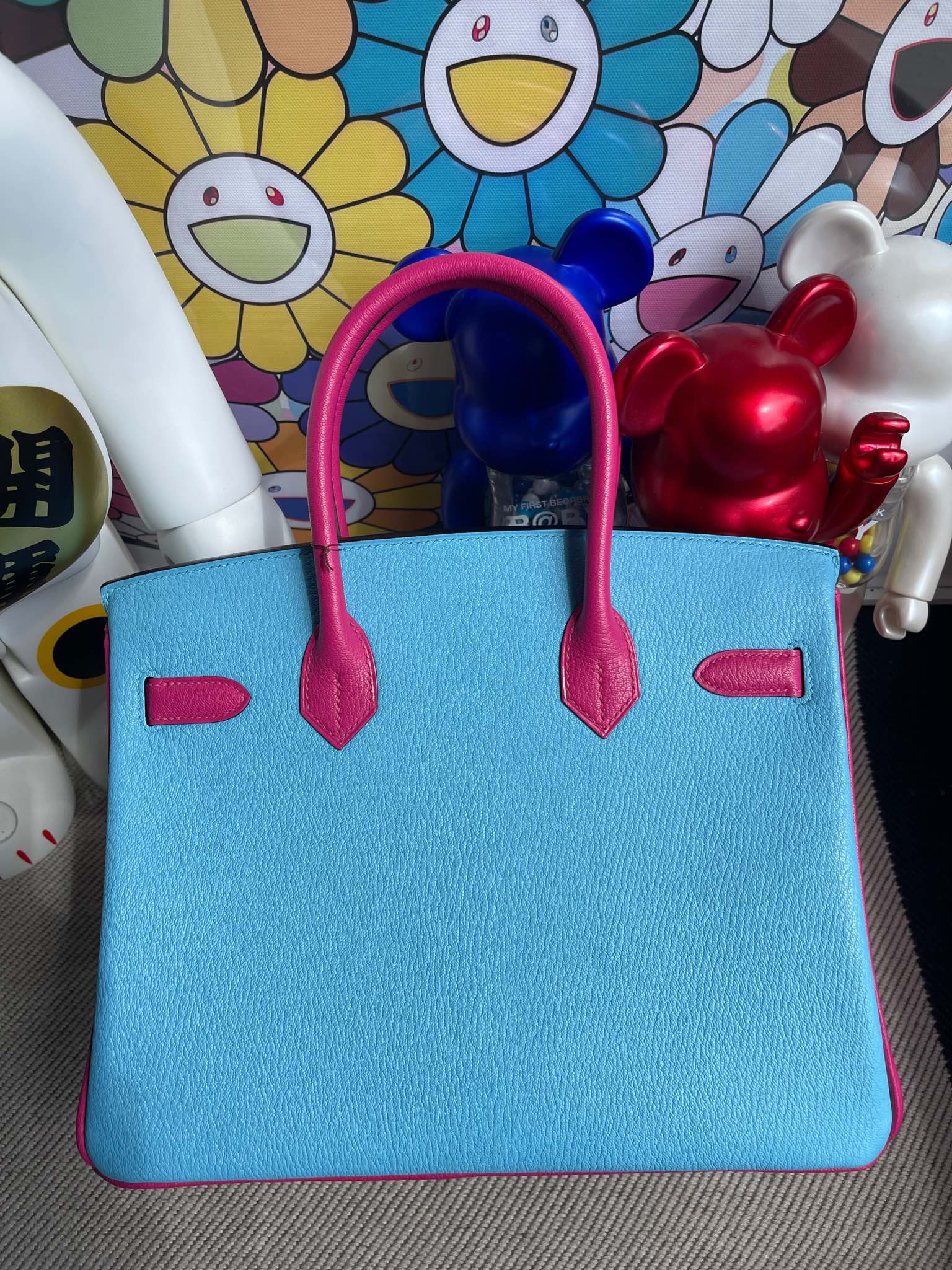 Hermès（爱马仕）Birkin 铂金包 chevre 山羊皮 纯白 拼 糖果蓝 拼 糖果粉 金扣 马蹄印 30cm 顶级手缝