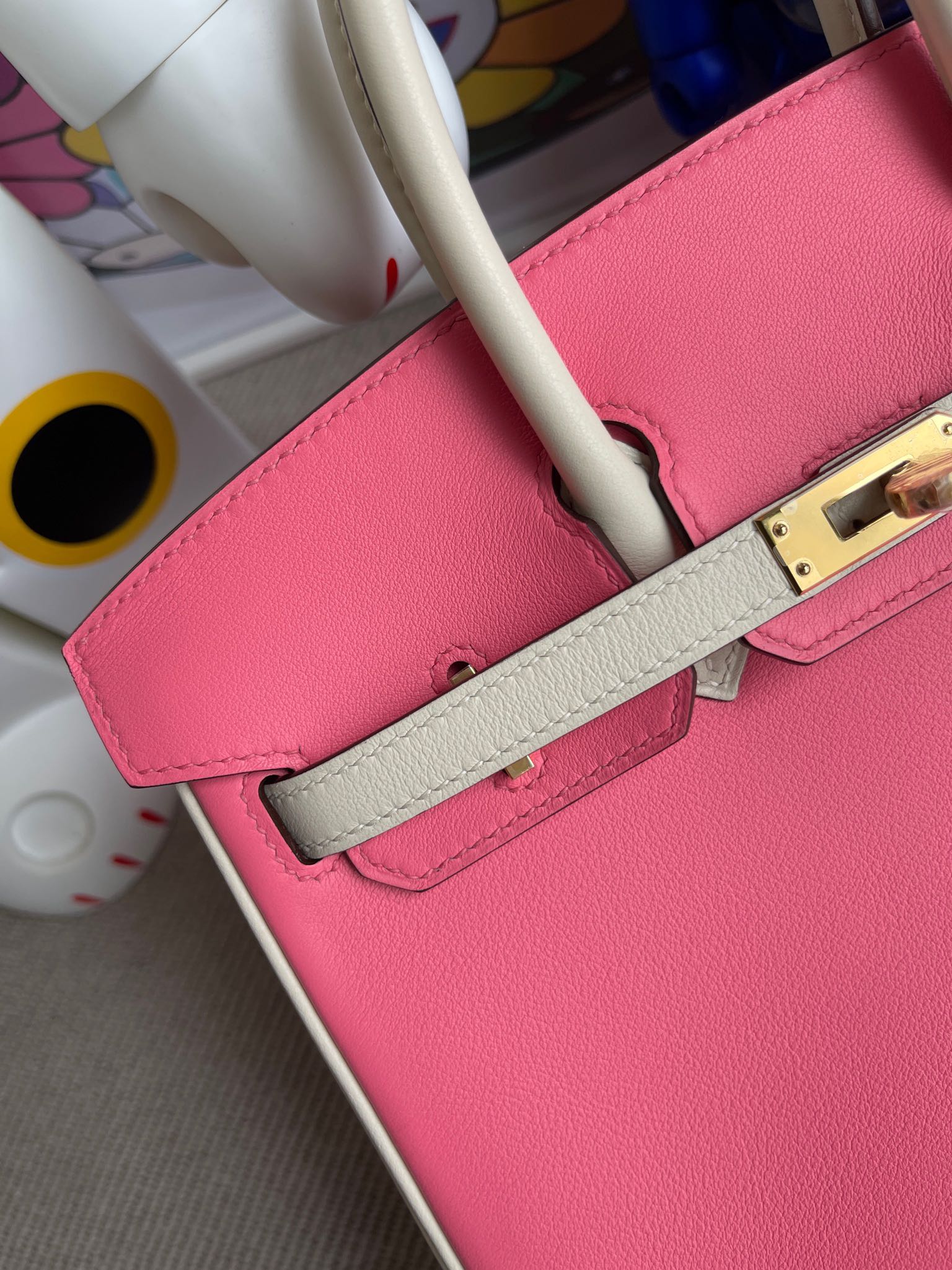 Hermès（爱马仕）Birkin 铂金包 Swift 唇膏粉 拼 奶白 金扣 马蹄印 25cm 顶级手缝