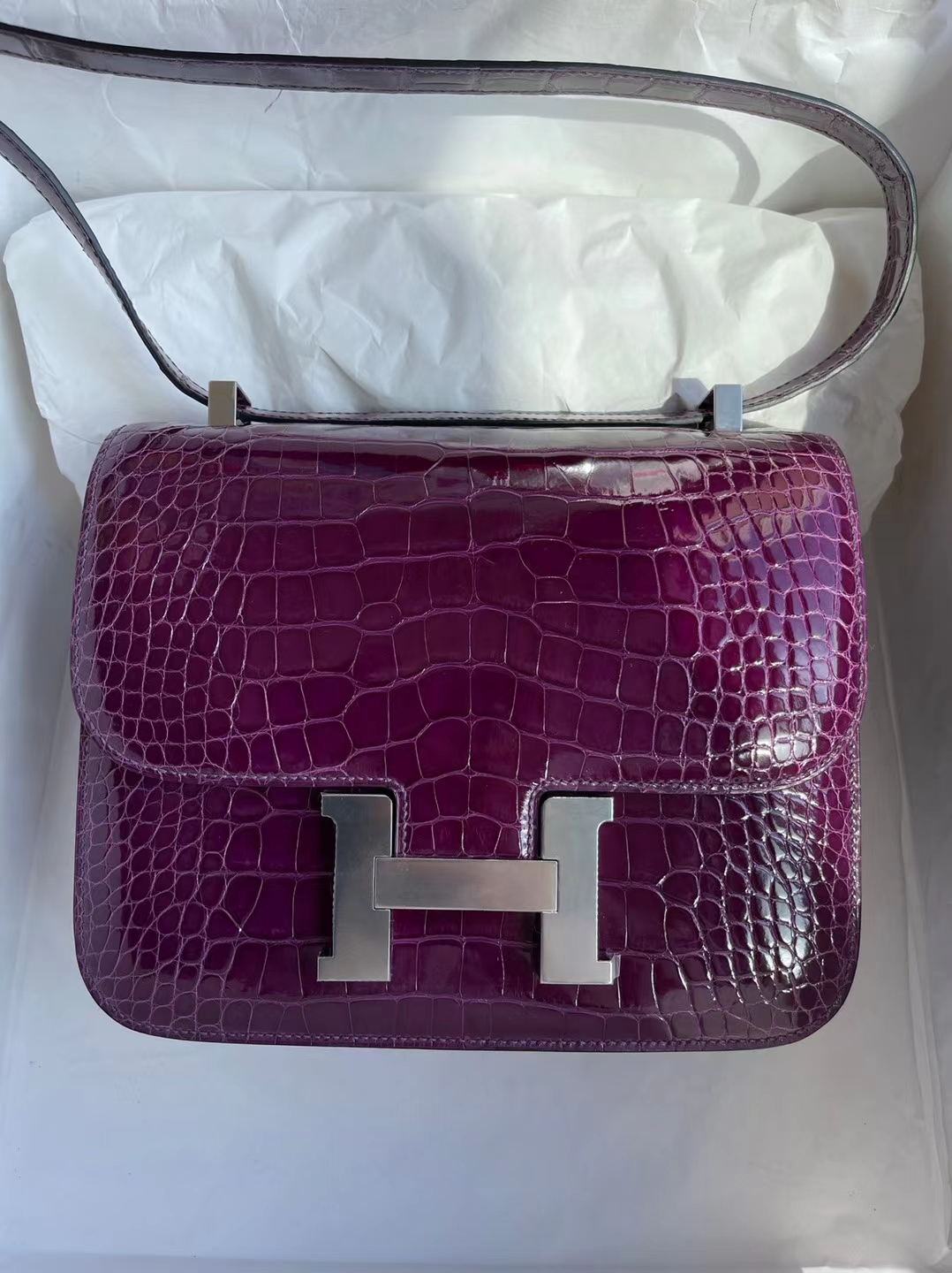 Hermès（爱马仕）Constance 康斯坦斯 亮面美洲鳄 N5 加仑紫 Hcp鳄鱼皮 银扣 24cm 顶级工艺 全手工缝制