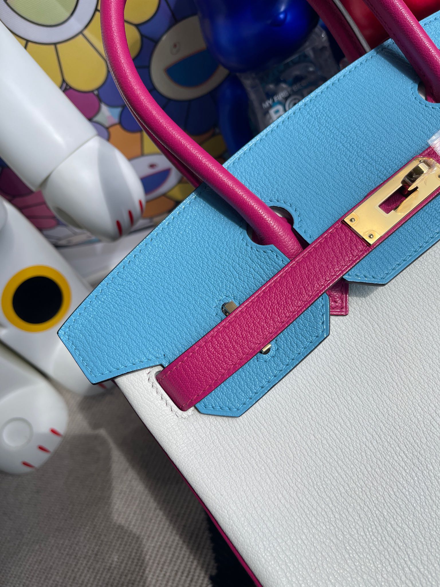 Hermès（爱马仕）Birkin 铂金包 chevre 山羊皮 纯白 拼 糖果蓝 拼 糖果粉 金扣 马蹄印 30cm 顶级手缝