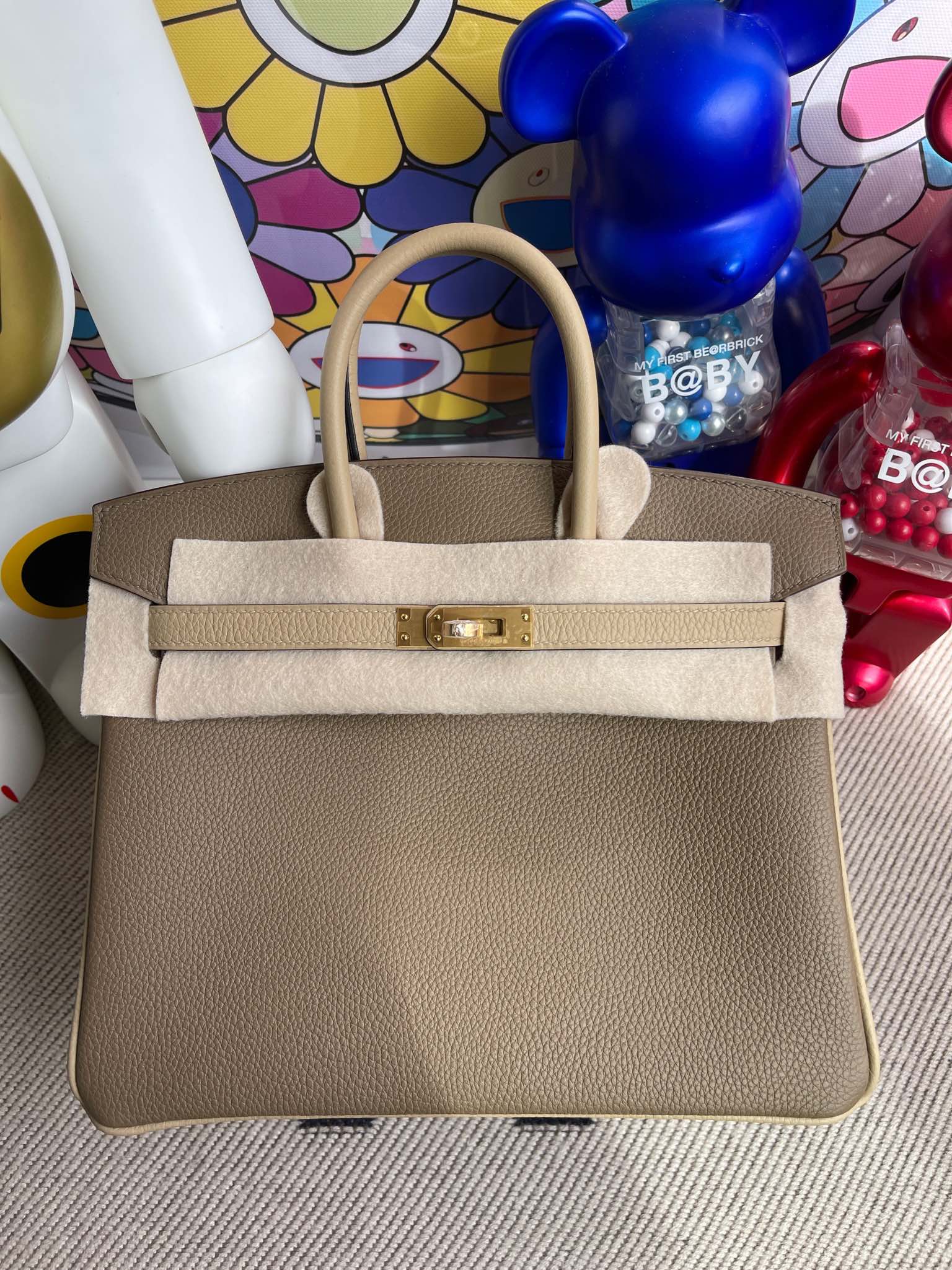 Hermès（爱马仕）Birkin 铂金包 togo 原厂小牛皮 大象灰 拼 风衣灰 金扣 马蹄印 25cm 顶级手缝