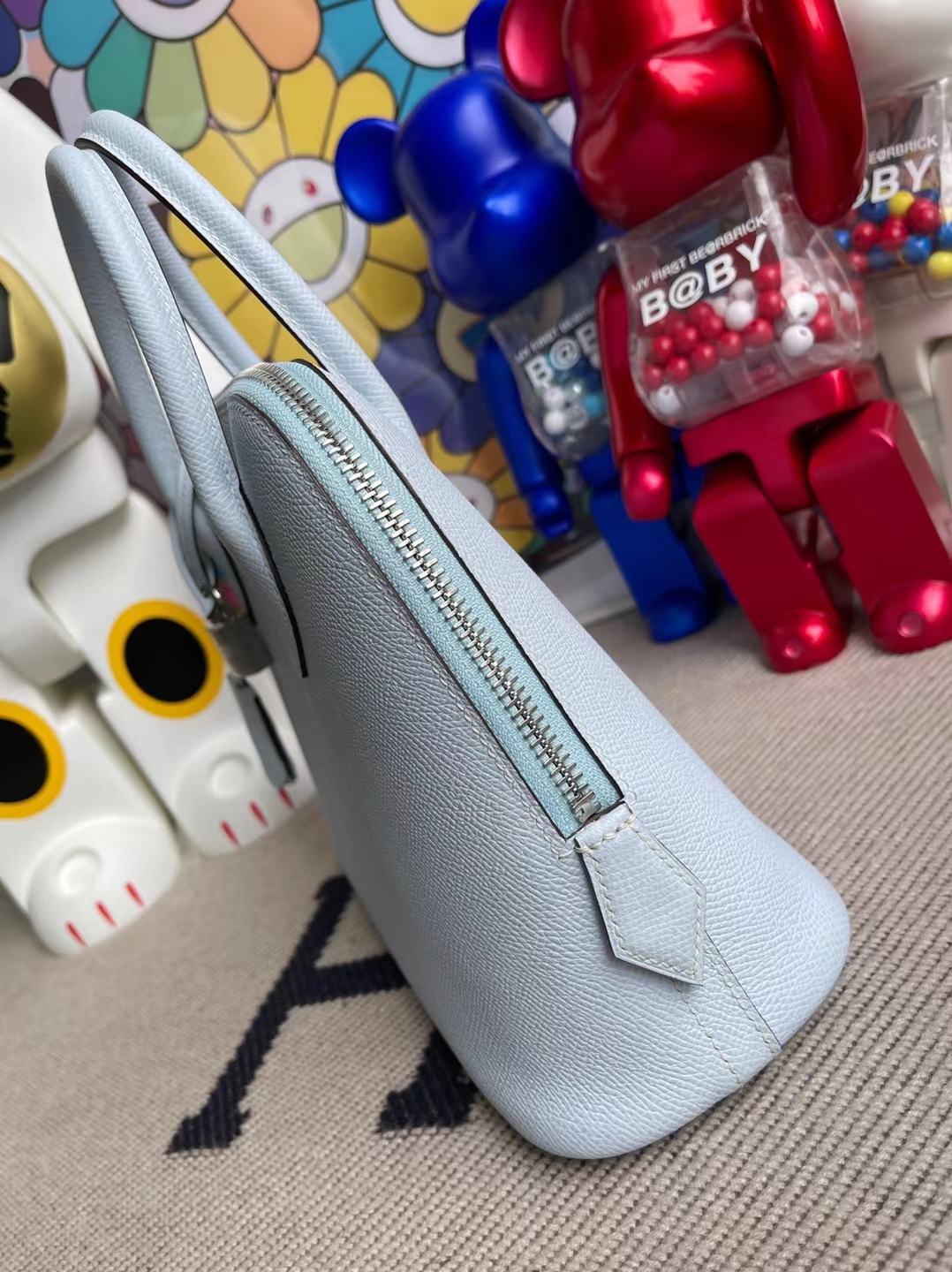 Hermès（爱马仕）Bolide 保龄球包 evercolor T0 雾蓝色 银扣 25cm 顶级工艺 全手工缝制