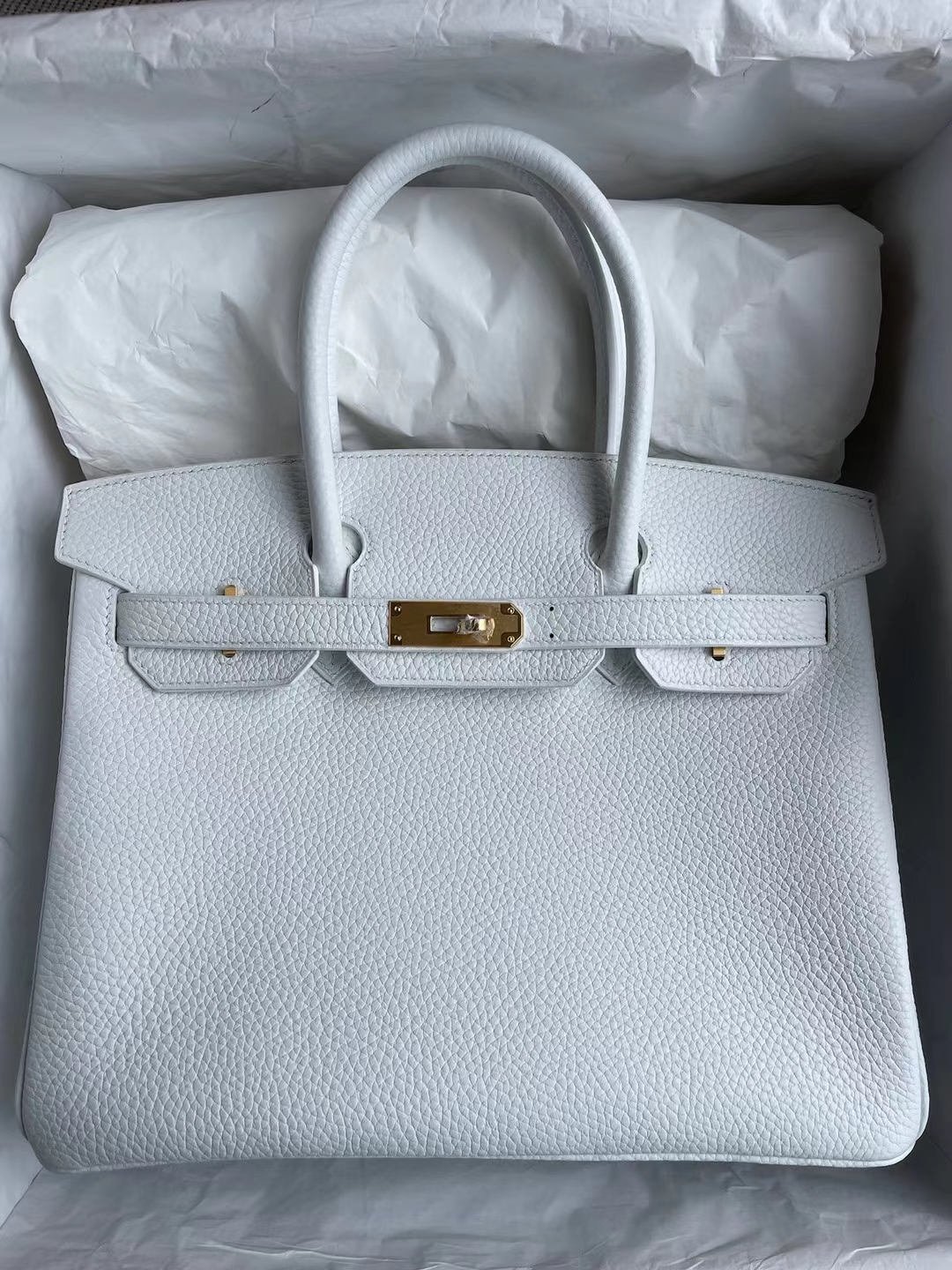 Hermès（爱马仕）Birkin 铂金包 Clemence 01 纯白 内拼 9R 柠檬黄 拉丝金扣 30cm