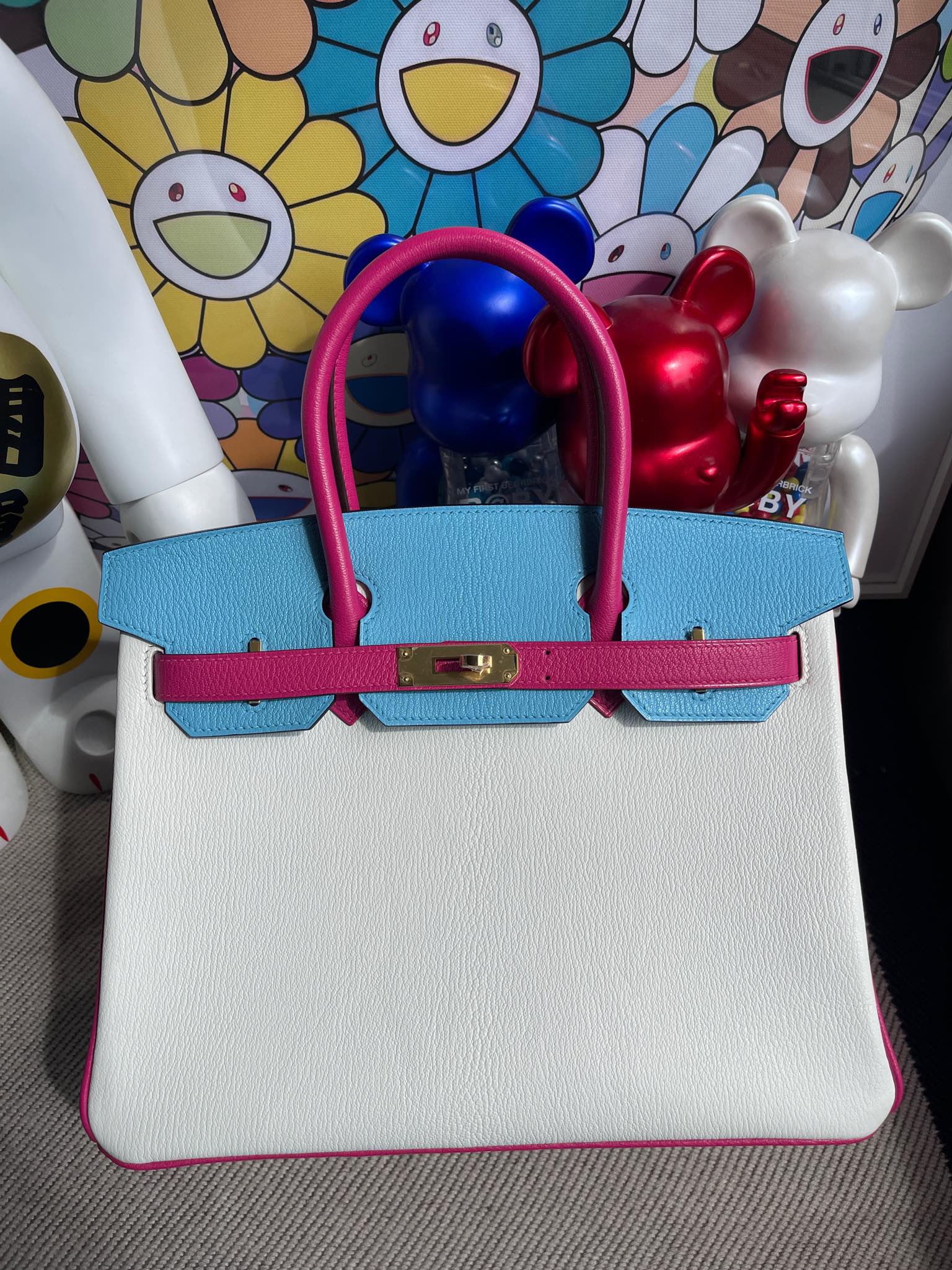 Hermès（爱马仕）Birkin 铂金包 chevre 山羊皮 纯白 拼 糖果蓝 拼 糖果粉 金扣 马蹄印 30cm 顶级手缝