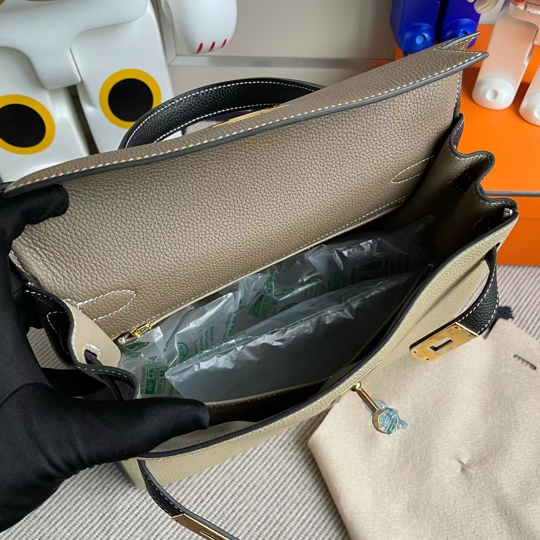 Hermès(爱马仕)Kelly 凯莉包 Togo Ck81 斑鸠灰 拼 Ck18 大象灰 拼 Ck89 黑色 金扣 28cm-拉尔森鳄鱼皮具定制 - 爱马仕包包官网 Hermès(爱马仕)Kelly 凯莉包 Togo Ck81 斑鸠灰 拼 Ck18 大象灰 拼 Ck89 黑色 金扣 28cm