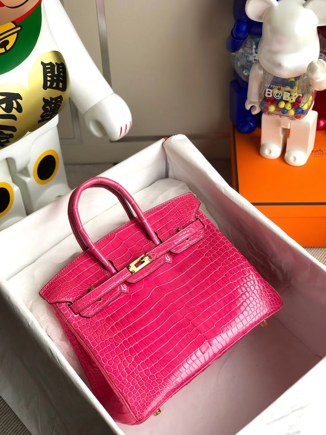 Hermès（爱马仕）Birkin 铂金包 亮面倒v澳洲湾鳄 桃粉色 porosus crocodile 金扣 25cm