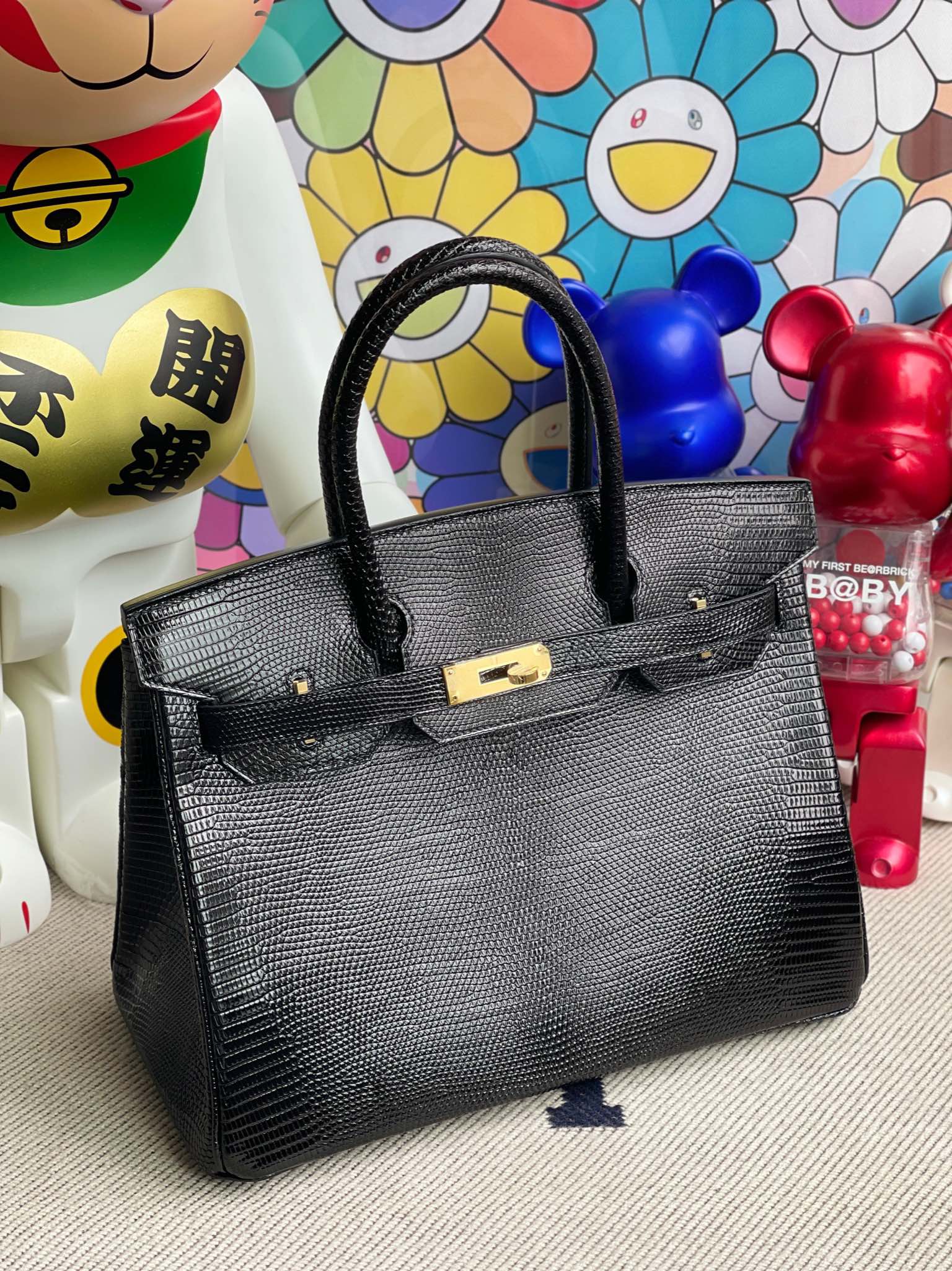 Hermès（爱马仕）Birkin 铂金包 Lizard 进口亮面蜥蜴 ck89 黑色 Noir 金扣 30cm 顶级手缝