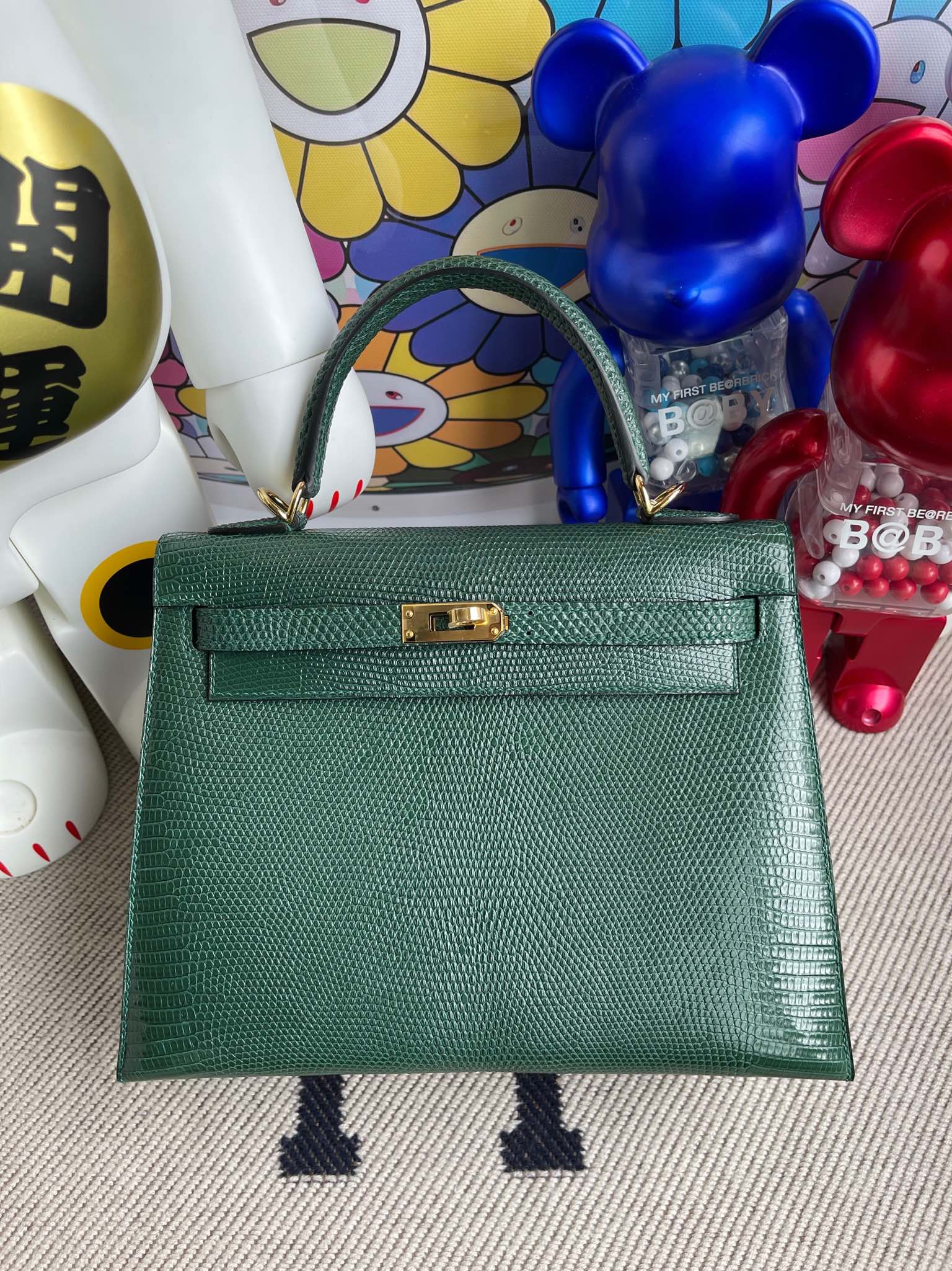 Hermès（爱马仕）kelly 凯莉包 Lizard 进口亮面蜥蜴 ck67 祖母绿 金扣 25cm 顶级手缝