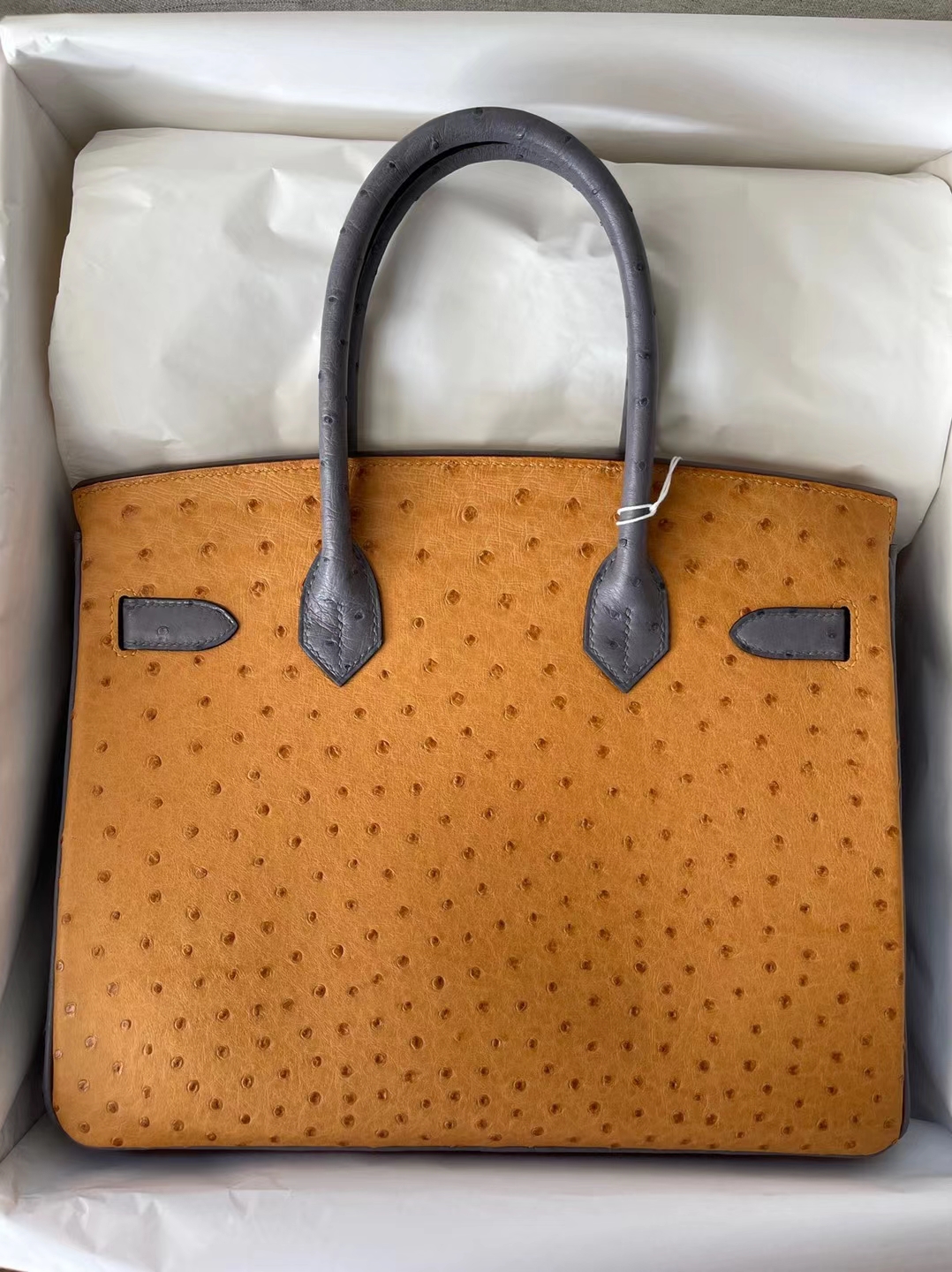 Hermès（爱马仕）Birkin 铂金包 ostrich 进口鸵鸟皮 ck17 烟草色 拼 ck82 玛瑙蓝 金扣 30cm