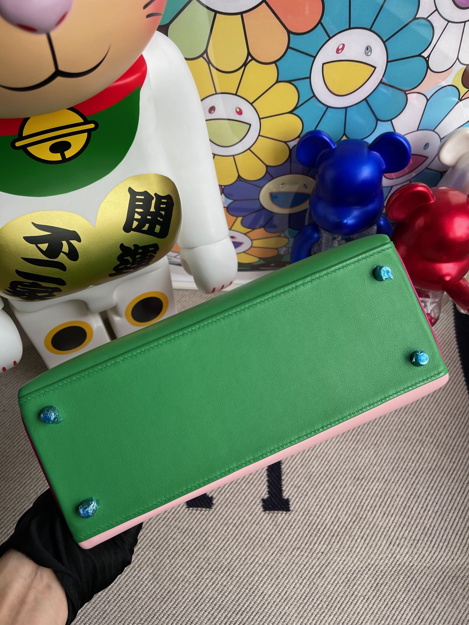 Hermès（爱马仕）Kelly 凯莉包 Swift 竹子绿 拼 3Q粉 拼 玫瑰紫 银扣 马蹄印 28cm 顶级手缝