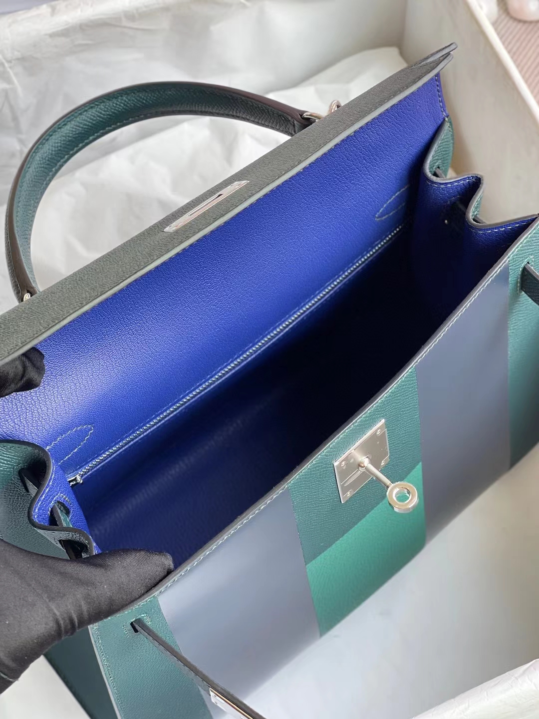 Hermès（爱马仕）Kelly 凯莉包 子母包 6O 松柏绿 内拼 M3 墨水蓝 银扣 28cm